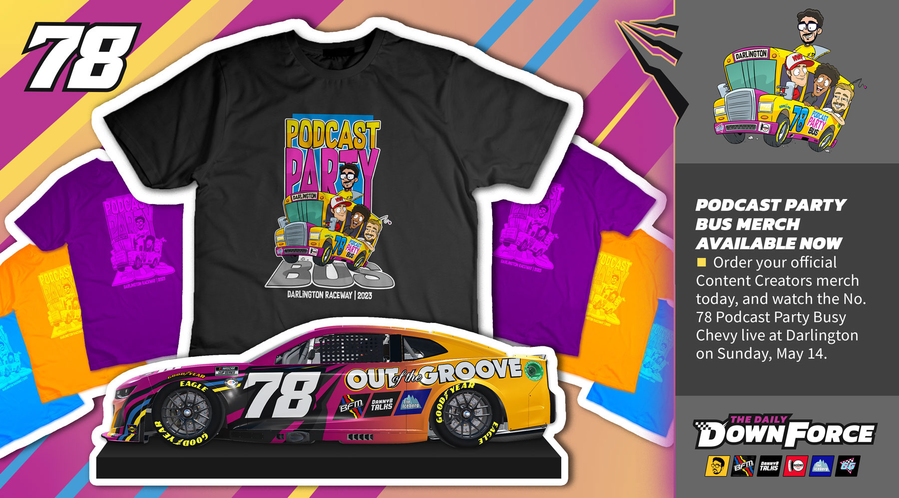 The Daily Downforce Podcast Party Bus 2023 Merch