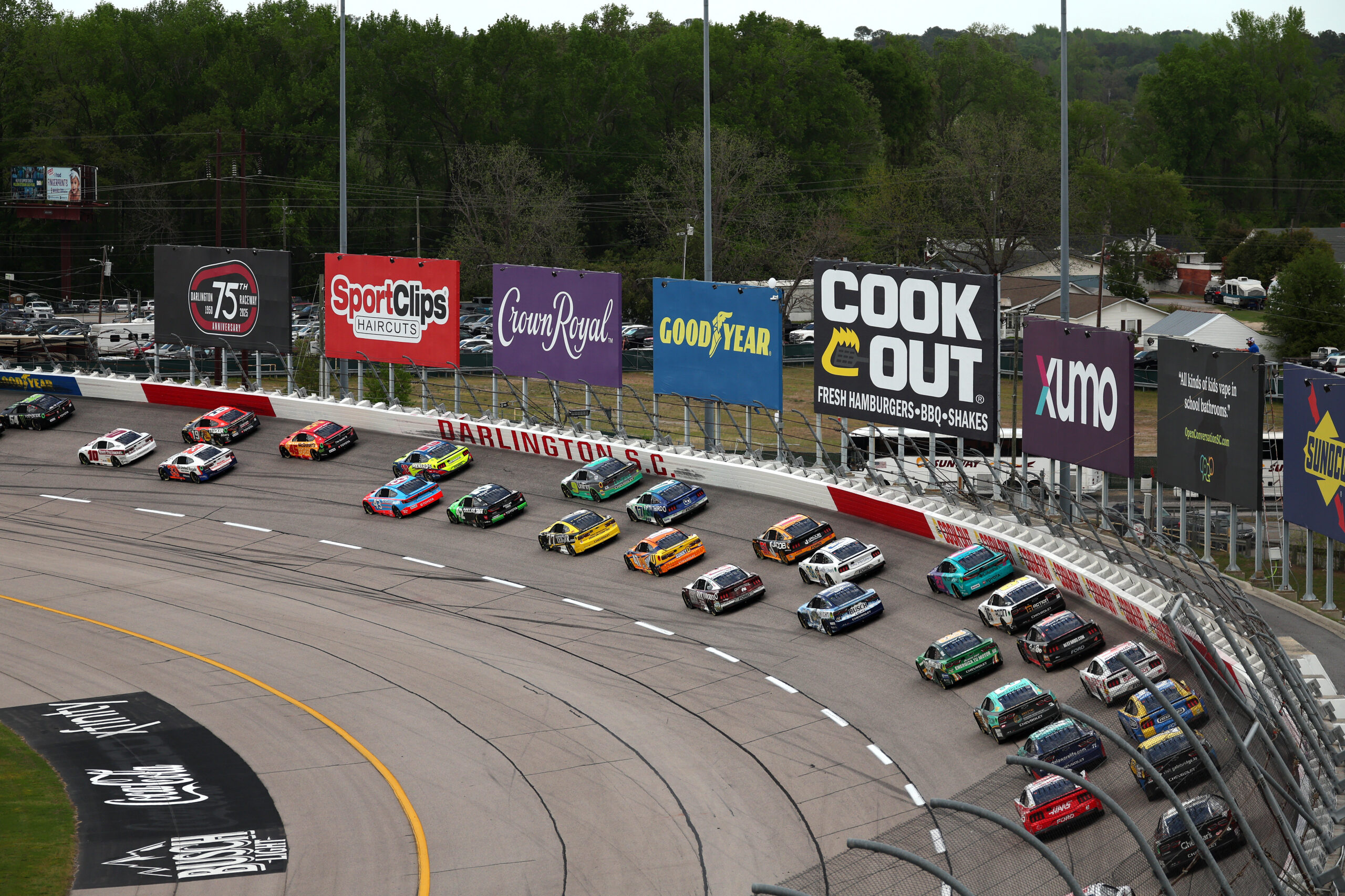 DARLINGTON, SOUTH CAROLINA - APRIL 06: A general view of racing during the NASCAR Cup Series Goodyear 400 at Darlington Raceway on April 06, 2025 in Darlington, South Carolina. (Photo by James Gilbert/Getty Images)