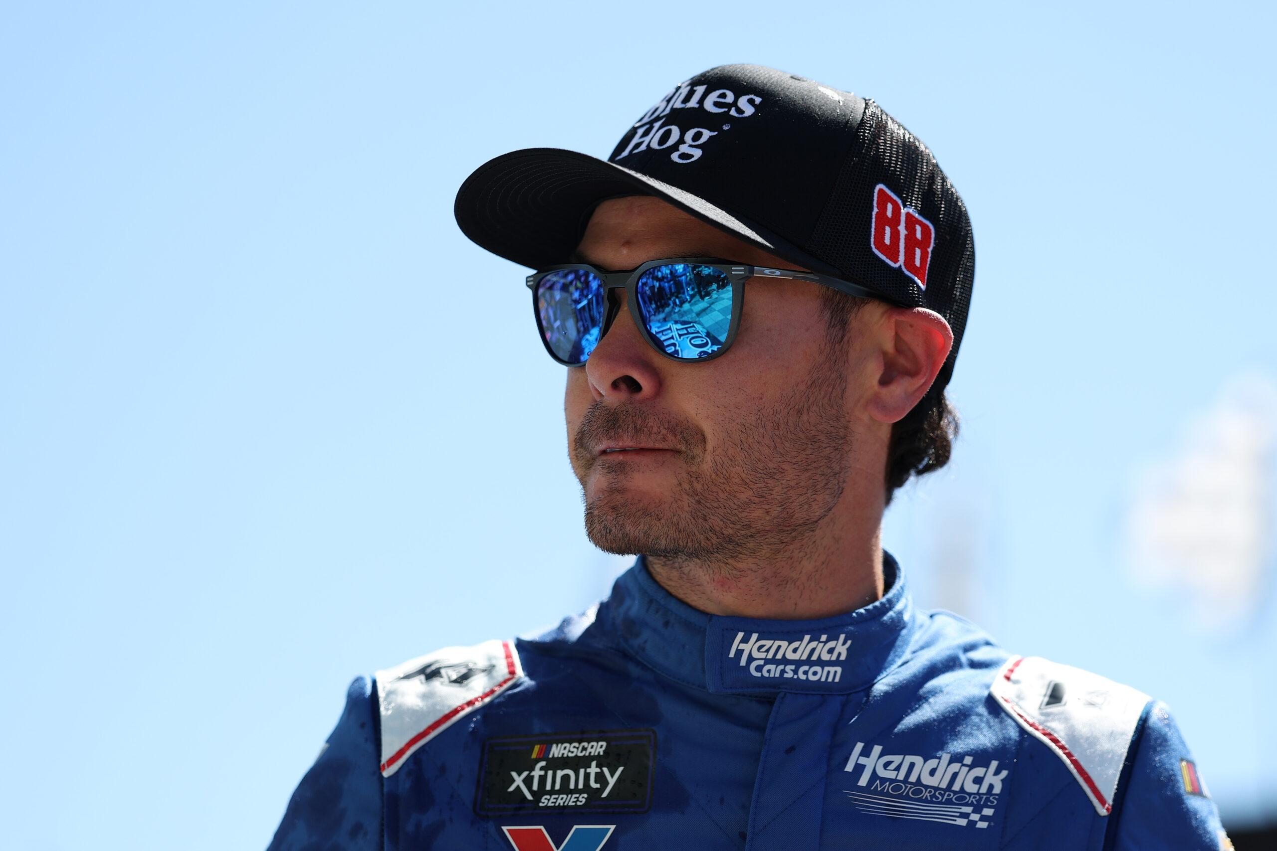 FORT WORTH, TEXAS - MAY 03: Kyle Larson, driver of the #88 Blues Hog Chevrolet, looks on in victory lane after winning the NASCAR Xfinity Series Andy's Frozen Custard 300 at Texas Motor Speedway on May 03, 2025 in Fort Worth, Texas. (Photo by Kenneth Richmond/Getty Images)