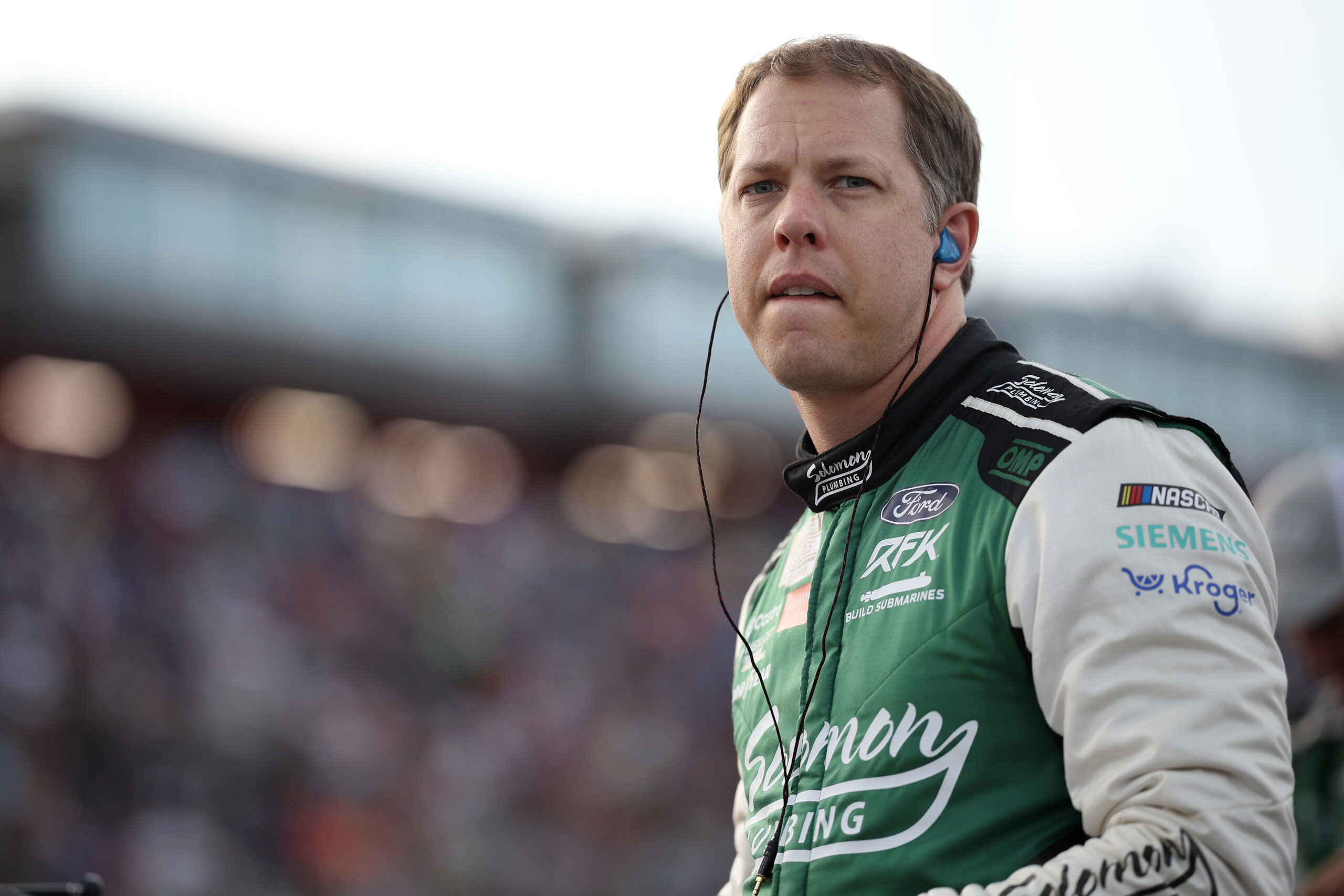NORTH WILKESBORO, NORTH CAROLINA - MAY 18: Brad Keselowski, driver of the #6 Solomon Plumbing Ford, prepares for the NASCAR Cup Series All-Star Race at North Wilkesboro Speedway on May 18, 2025 in North Wilkesboro, North Carolina. (Photo by James Gilbert/Getty Images)