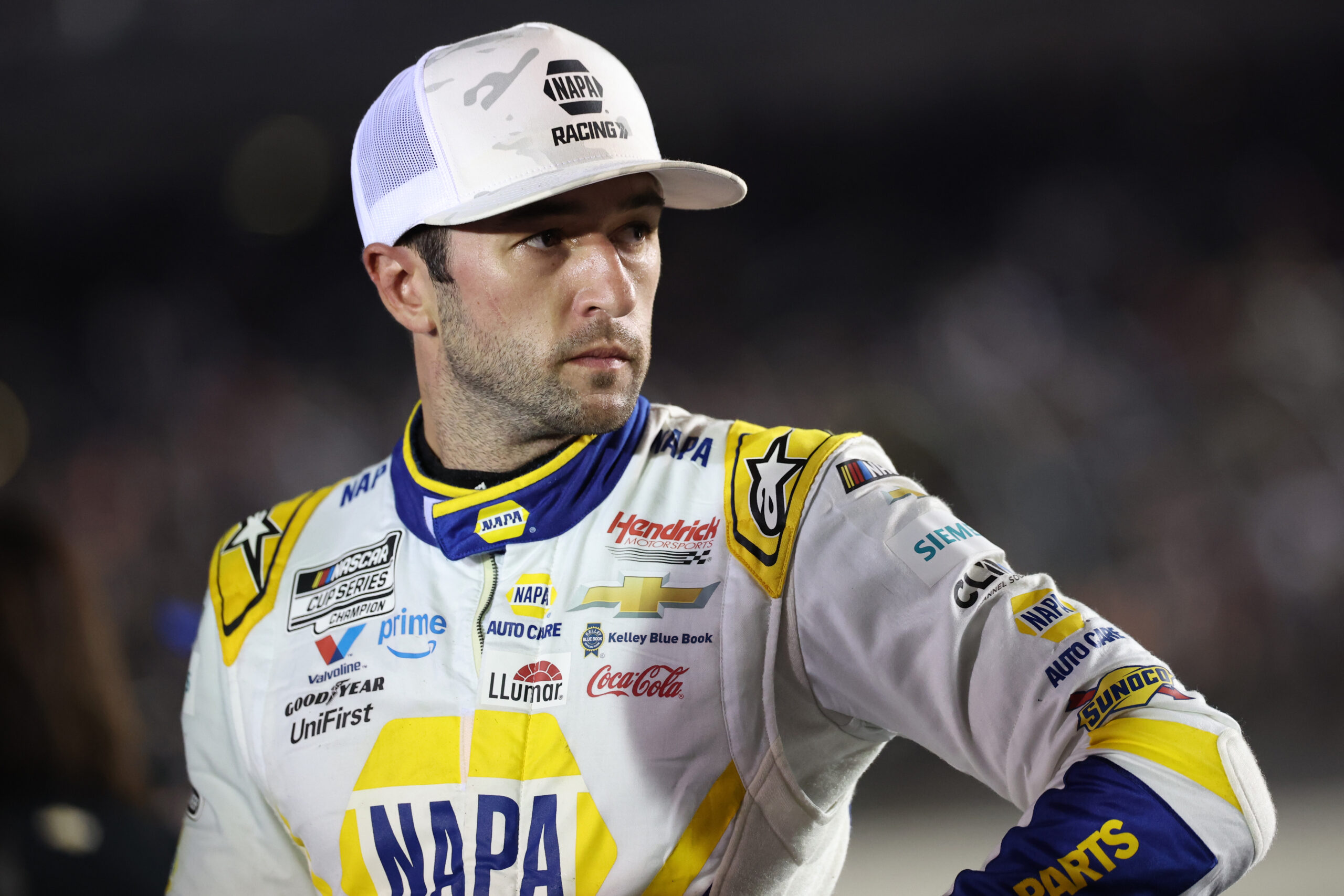 DAYTONA BEACH, FLORIDA - AUGUST 23: Chase Elliott, driver of the #9 NAPA Auto Parts Chevrolet, reacts after the NASCAR Cup Series Coke Zero Sugar 400 at Daytona International Speedway on August 23, 2025 in Daytona Beach, Florida. (Photo by James Gilbert/Getty Images)
