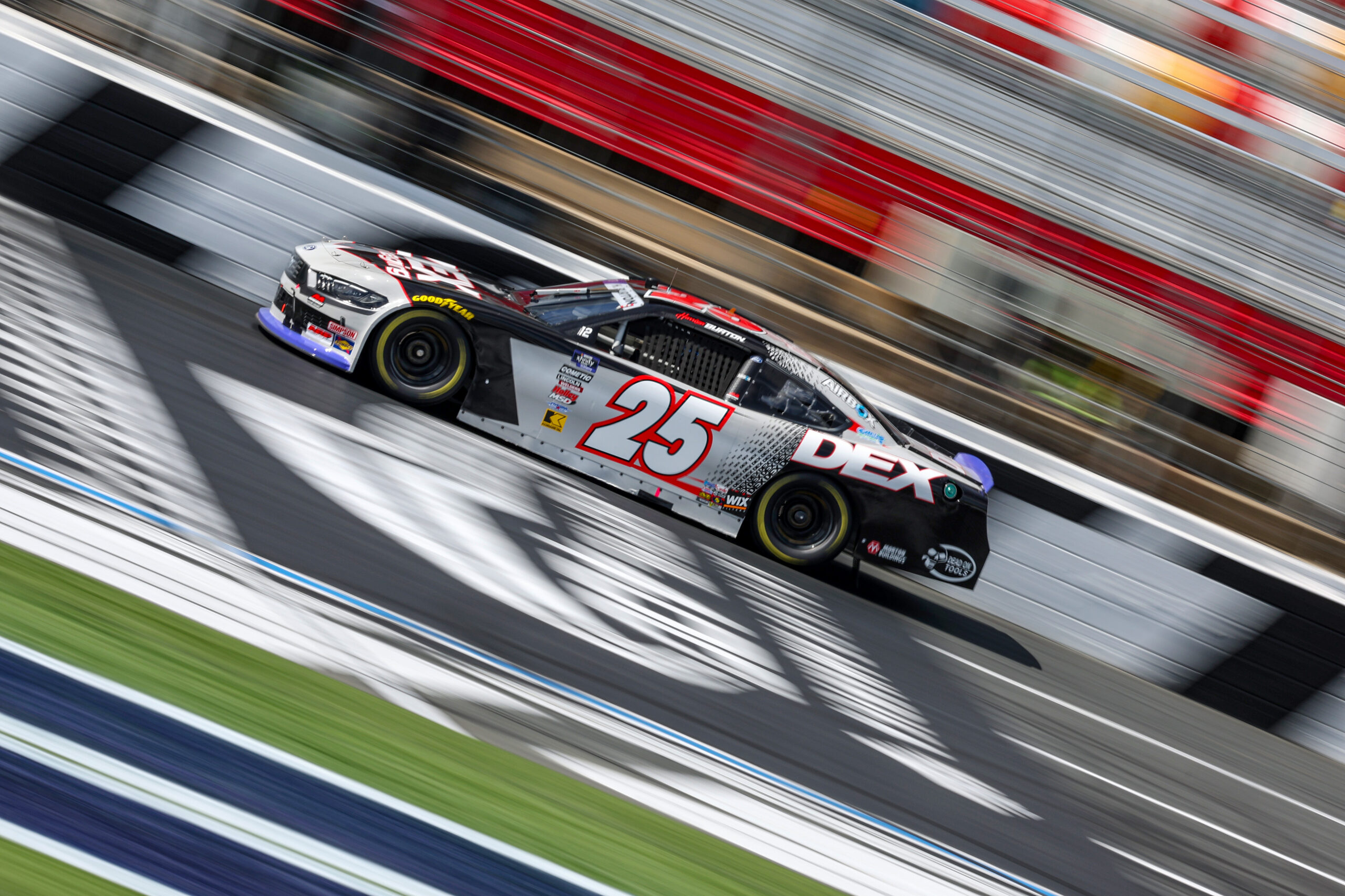 CONCORD, NORTH CAROLINA - OCTOBER 04: Harrison Burton, driver of the #25 DEX Imaging Ford, drives during qualifying for the NASCAR Xfinity Series Blue Cross NC 250 at Charlotte Motor Speedway on October 04, 2025 in Concord, North Carolina. (Photo by Jordan Bank/Getty Images)