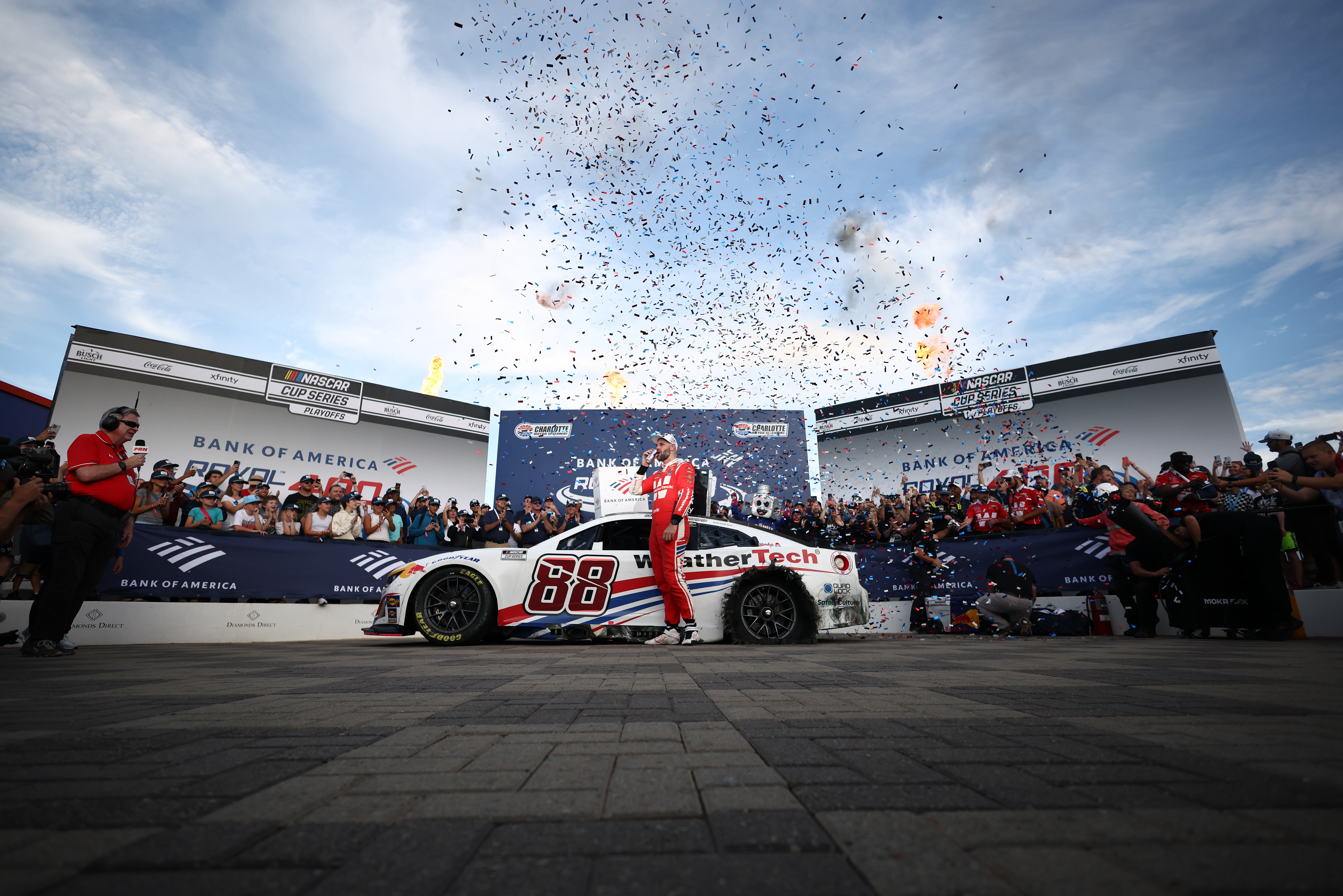 CONCORD, NORTH CAROLINA - OCTOBER 05: Shane Van Gisbergen, driver of the #88 WeatherTech Chevrolet, celebrates in victory lane after winning the NASCAR Cup Series Bank of America ROVAL 400 at Charlotte Motor Speedway on October 05, 2025 in Concord, North Carolina. (Photo by Jared C. Tilton/Getty Images)
