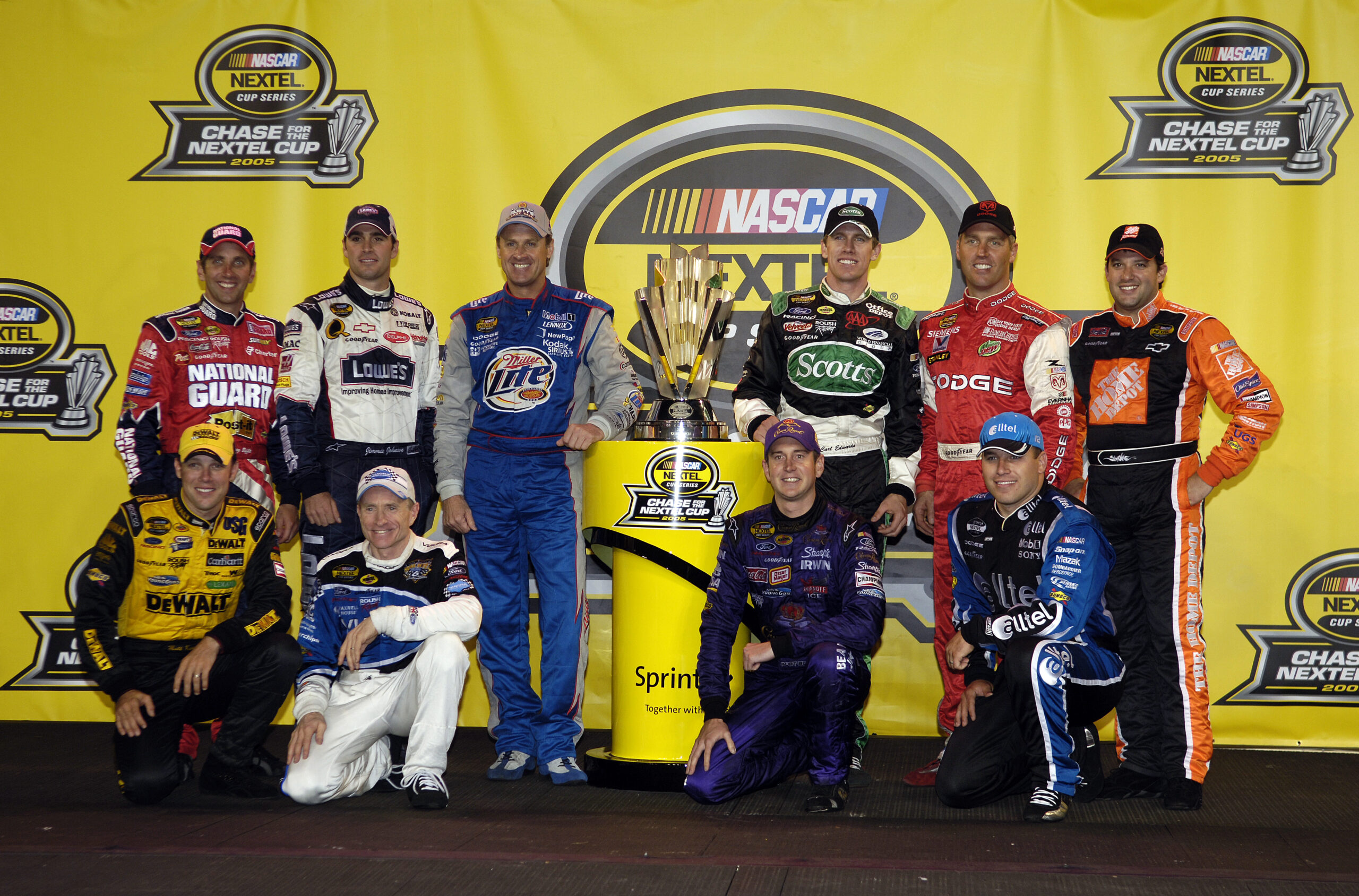 RICHMOND, VA - SEPTEMBER 10: The top ten drivers in the Chase for the NASCAR Nextel Cup Championship pose after the NASCAR Nextel Cup Series Chevy Rock & Roll 400 on September 10, 2005 at the Richmond International Raceway in Richmond, Virginia. Pictured are (back row L-R) Greg Biffle, Jimmie Johnson, Rusty Wallace, Carl Edwards, Jeremy Mayfield, Tony Stewart, (front row L-R) Matt Kenseth, Mark Martin, Kurt Busch, and Ryan Newman. (Photo by Rusty Jarrett/Getty Images)