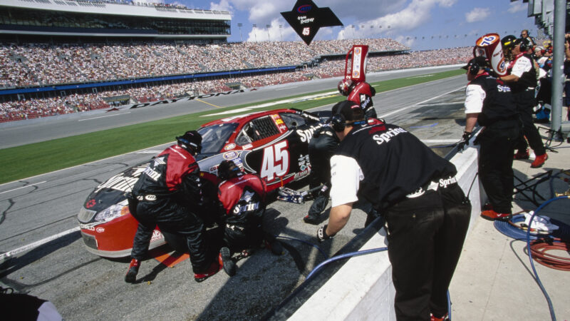 Adam Petty (1980 - 2000) from the United States driving the #45 Sprint Petty Enterprises Chevrolet Monte Carlo makes a pitstop for refueling and tyres during the 2000 NASCAR Busch Grand National Series NAPA Auto Parts 300 race on 19th February 2000 at the Daytona International Speedway, Daytona Beach, Florida, United States.