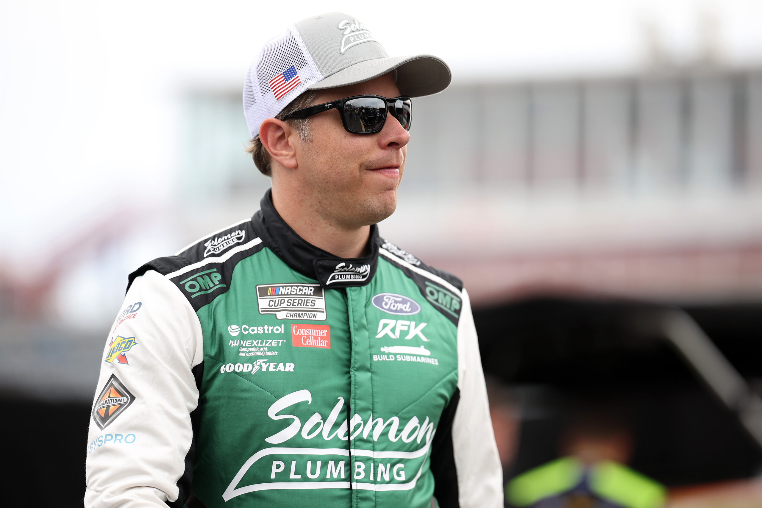 NORTH WILKESBORO, NORTH CAROLINA - MAY 16: Brad Keselowski, driver of the #6 Solomon Plumbing Ford, looks on during the NASCAR Cup Series All-Star Pit Road Qualifying Entry/Exit Practice (Open) at North Wilkesboro Speedway on May 16, 2025 in North Wilkesboro, North Carolina. (Photo by James Gilbert/Getty Images)
