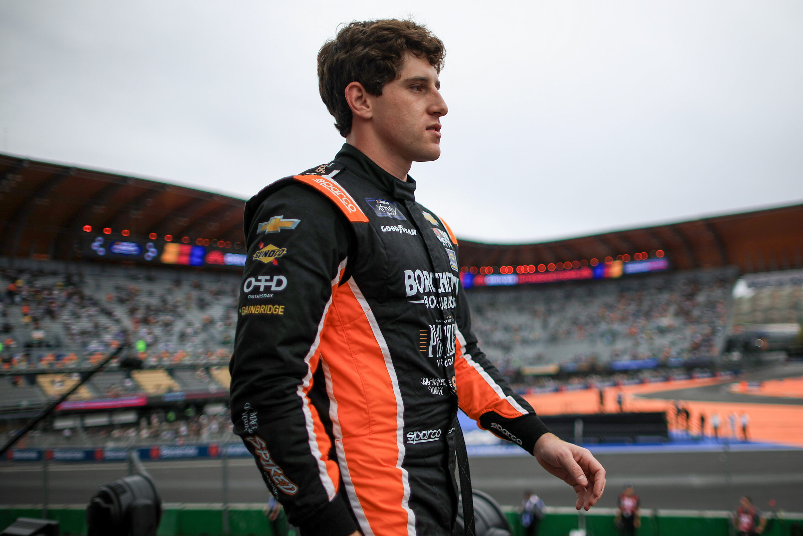 MEXICO CITY, MEXICO - JUNE 14: Nick Sanchez, driver of the #48 Big Machine Label Group Chevrolet, walks onstage during driver intros prior to the NASCAR Xfinity Series The Chilango 150 at Autodromo Hermanos Rodriguez on June 14, 2025 in Mexico City, Mexico. (Photo by Chris Graythen/Getty Images)