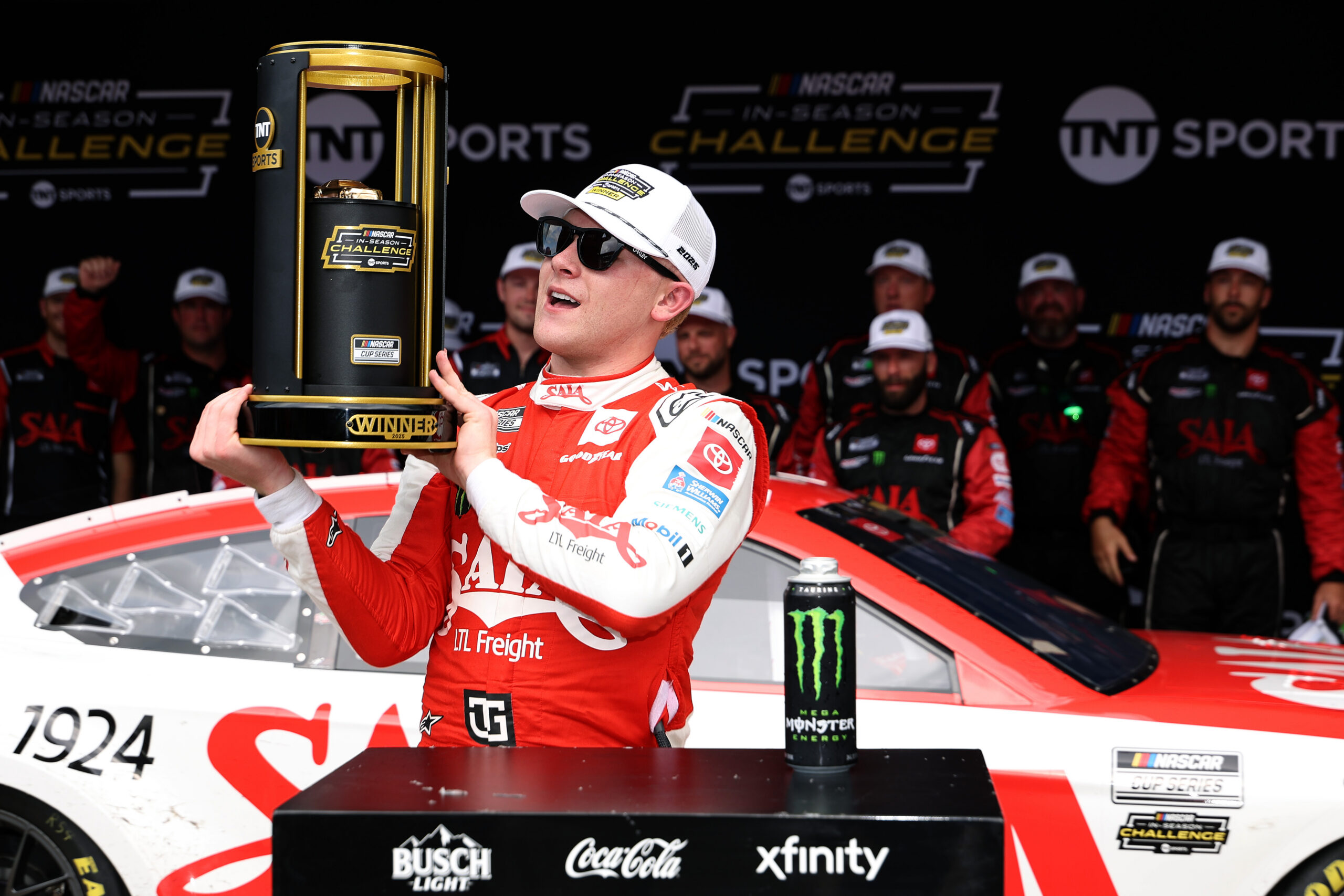INDIANAPOLIS, INDIANA - JULY 27: Ty Gibbs, driver of the #54 SAIA LTL Freight Toyota, celebrates winning the inaugural In-Season Challenge in victory lane after the NASCAR Cup Series Brickyard 400 Presented by PPG at Indianapolis Motor Speedway on July 27, 2025 in Indianapolis, Indiana. (Photo by James Gilbert/Getty Images)