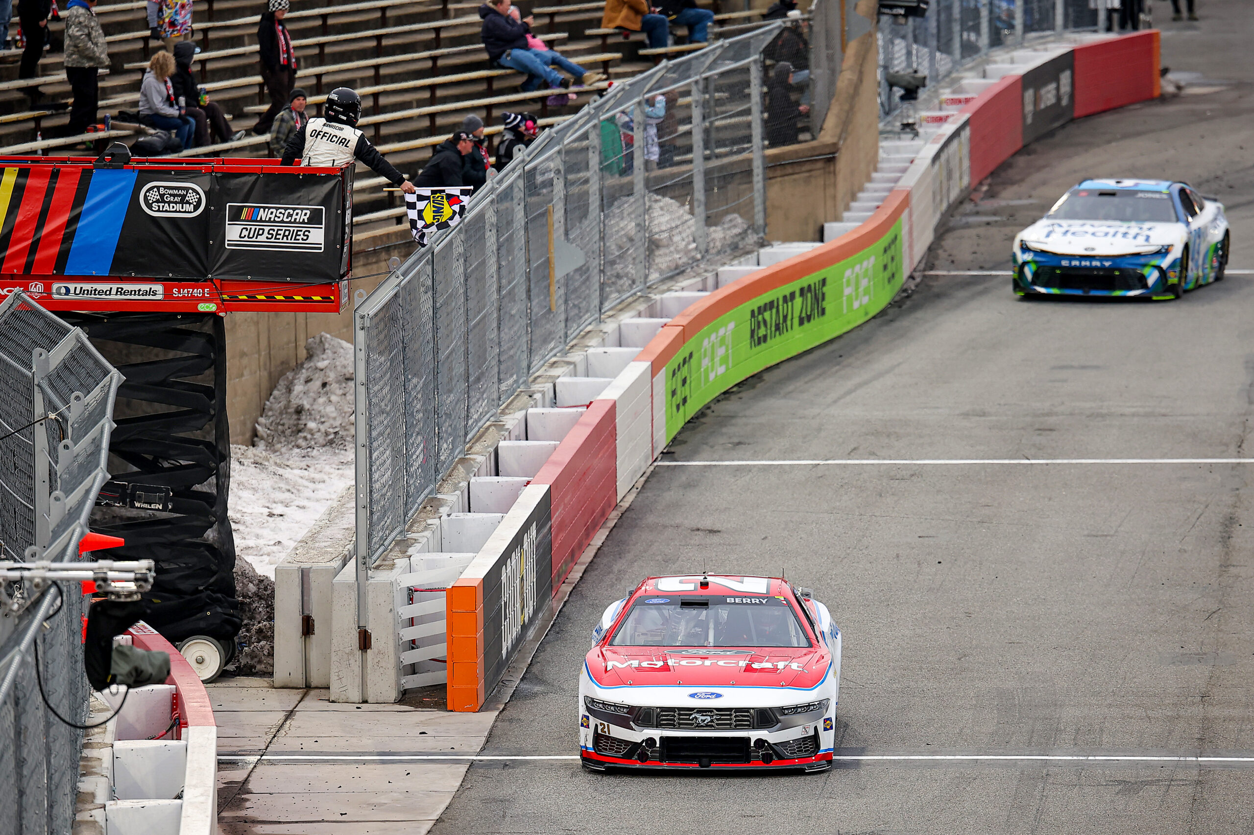 WINSTON SALEM, NORTH CAROLINA - FEBRUARY 04: Josh Berry, driver of the #21 Motorcraft/Quick Lane Ford, crosses the finish line to advance during the Last Chance qualifying race for the Cook Out Clash at Bowman Gray Stadium on February 04, 2026 in Winston Salem, North Carolina. (Photo by Jonathan Bachman/Getty Images)