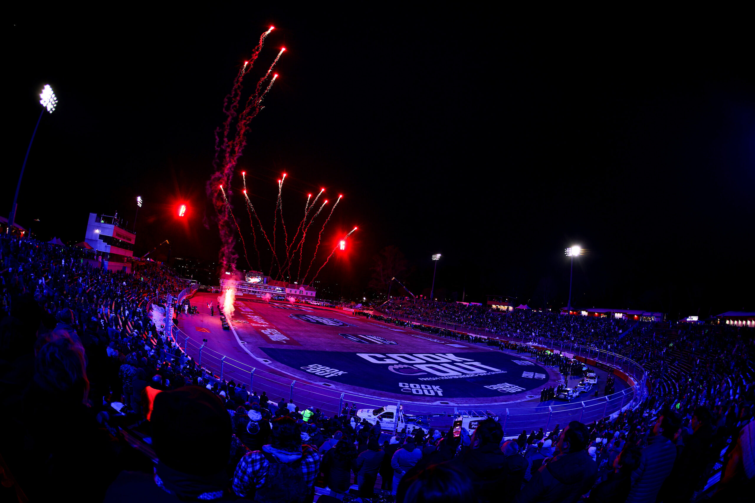 WINSTON SALEM, NORTH CAROLINA - FEBRUARY 04: A general view of fireworks pre-race ceremonies prior to the Cook Out Clash at Bowman Gray Stadium at Bowman Gray Stadium on February 04, 2026 in Winston Salem, North Carolina. (Photo by Jonathan Bachman/Getty Images)