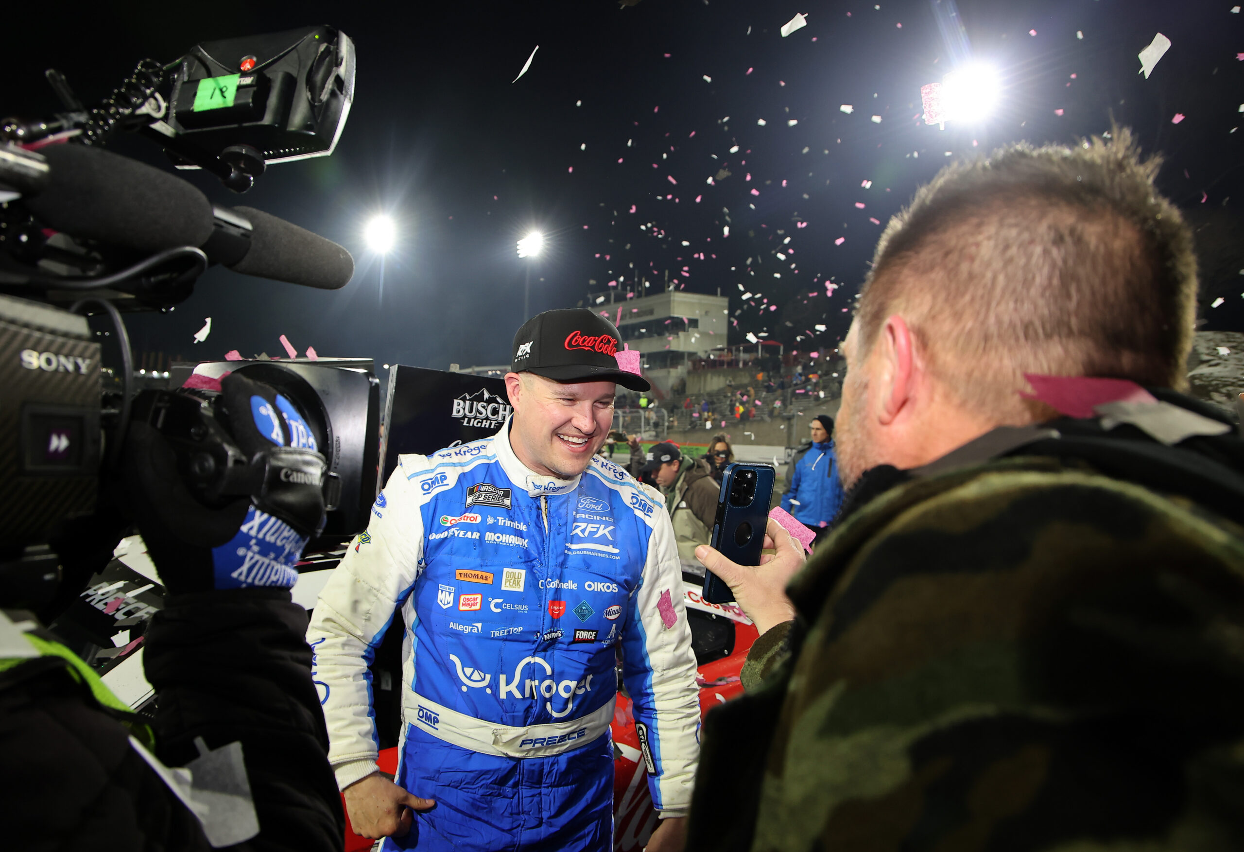 WINSTON SALEM, NORTH CAROLINA - FEBRUARY 04: Ryan Preece, driver of the #60 Kroger/Coca-Cola Ford, reacts after winning the Cook Out Clash at Bowman Gray Stadium at Bowman Gray Stadium on February 04, 2026 in Winston Salem, North Carolina. (Photo by Jonathan Bachman/Getty Images)