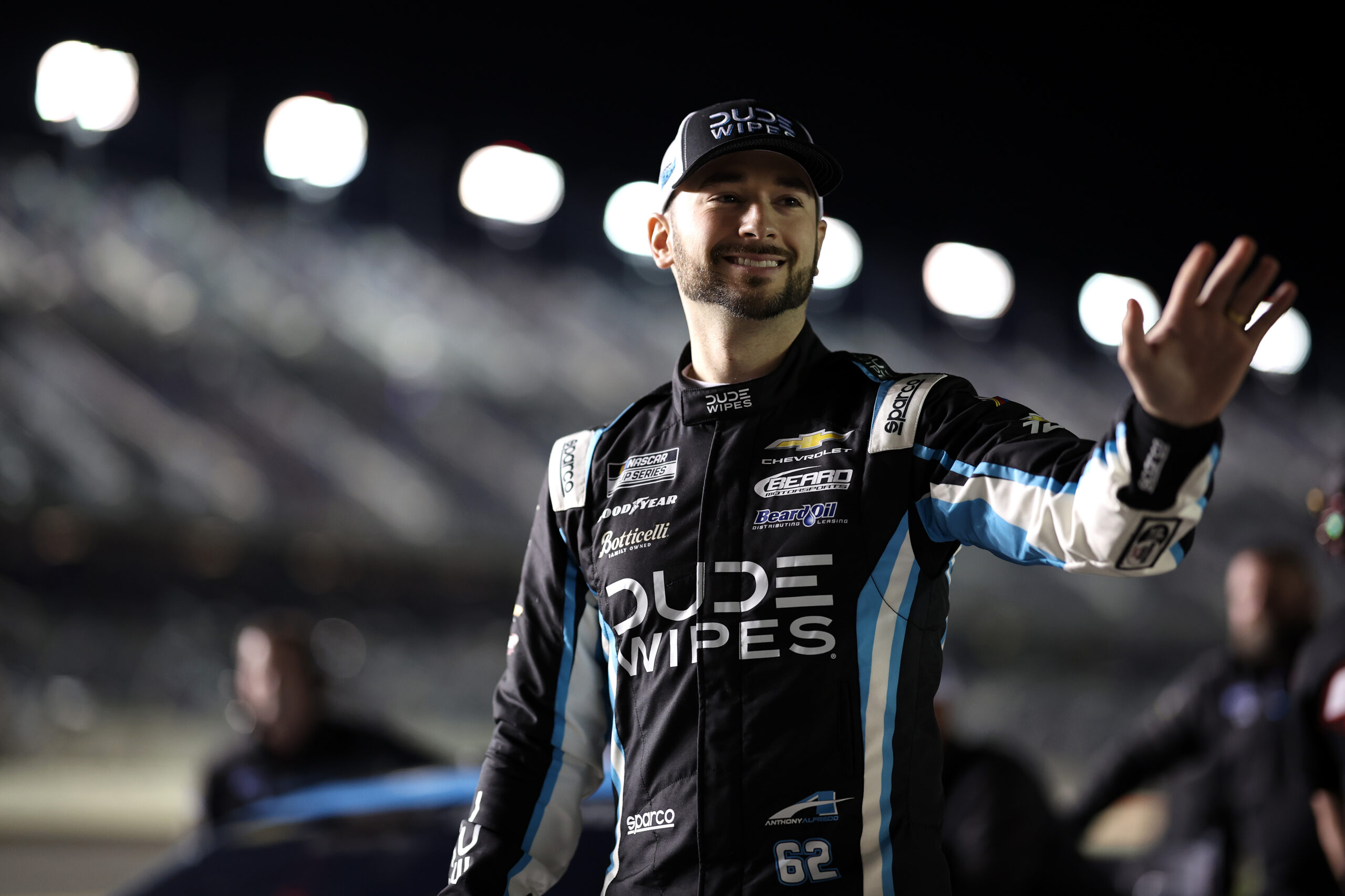 DAYTONA BEACH, FLORIDA - FEBRUARY 11: Anthony Alfredo, driver of the #62 Dude Wipes Chevrolet, waves to fans during qualifying for the NASCAR Cup Series Daytona 500 at Daytona International Speedway on February 11, 2026 in Daytona Beach, Florida. (Photo by James Gilbert/Getty Images)