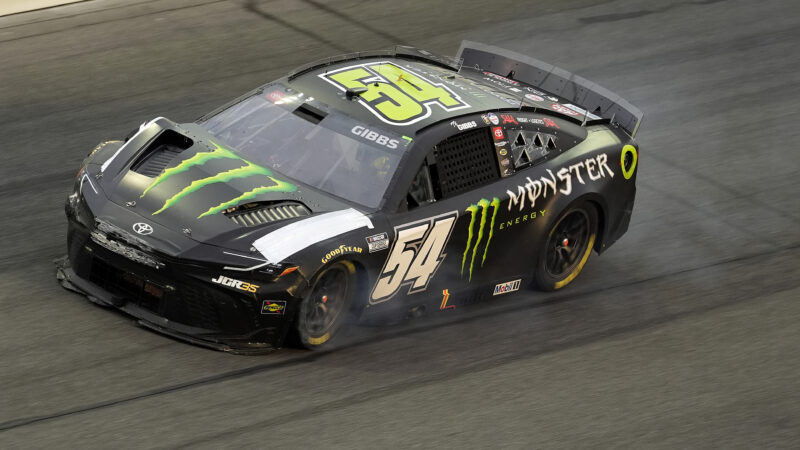 DAYTONA BEACH, FLORIDA - FEBRUARY 15: Ty Gibbs, driver of the #54 Monster Energy Toyota, drives after an on-track incident during the NASCAR Cup Series Daytona 500 at Daytona International Speedway on February 15, 2026 in Daytona Beach, Florida.