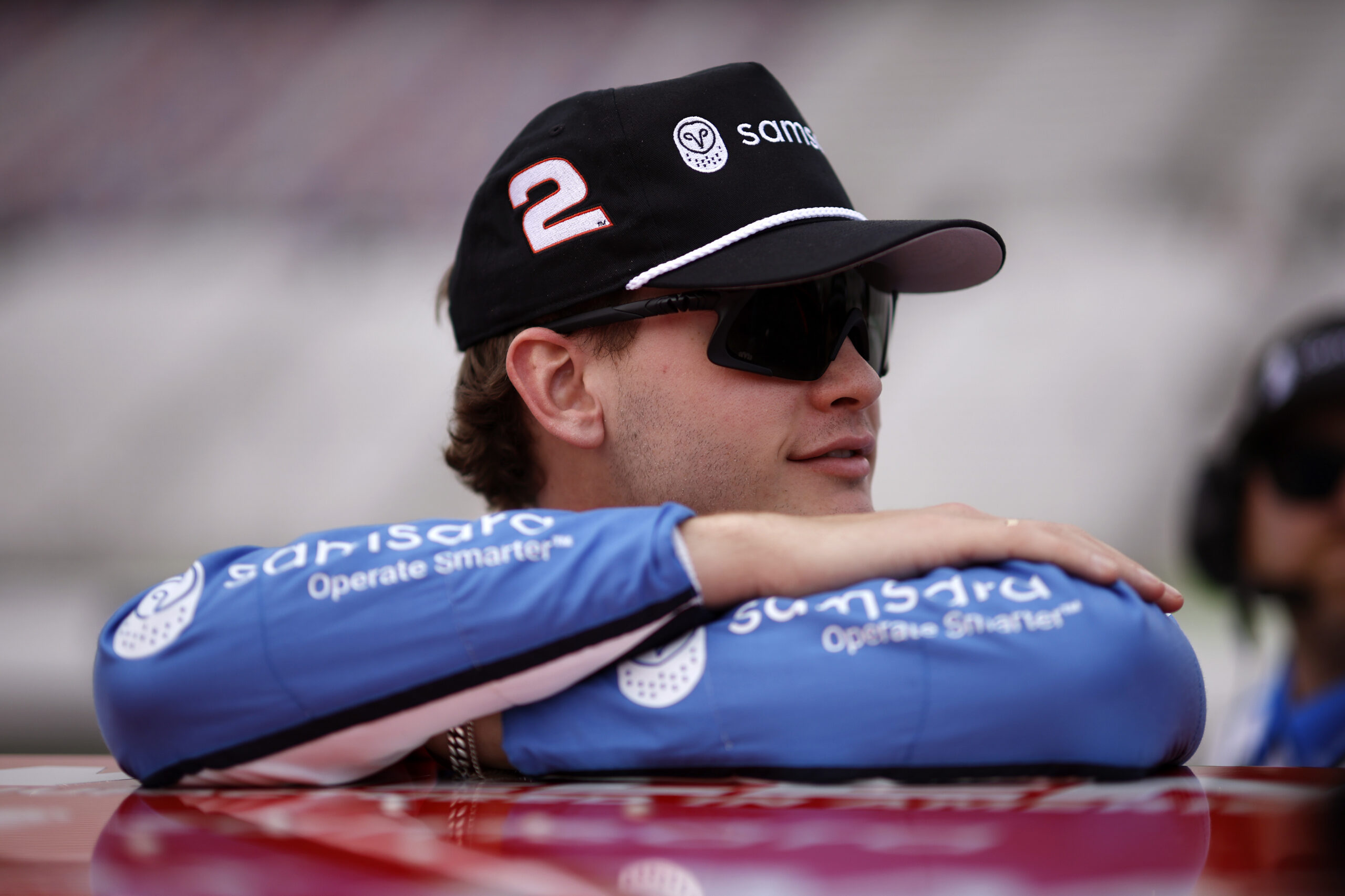 HAMPTON, GEORGIA - FEBRUARY 20: Jesse Love, driver of the #2 Samsara Chevrolet, looks on during qualifying for the NASCAR O'Reilly Auto Parts Series Bennett Transportation & Logistics 250 at Echo Park Speedway on February 20, 2026 in Hampton, Georgia. (Photo by Sean Gardner/Getty Images)