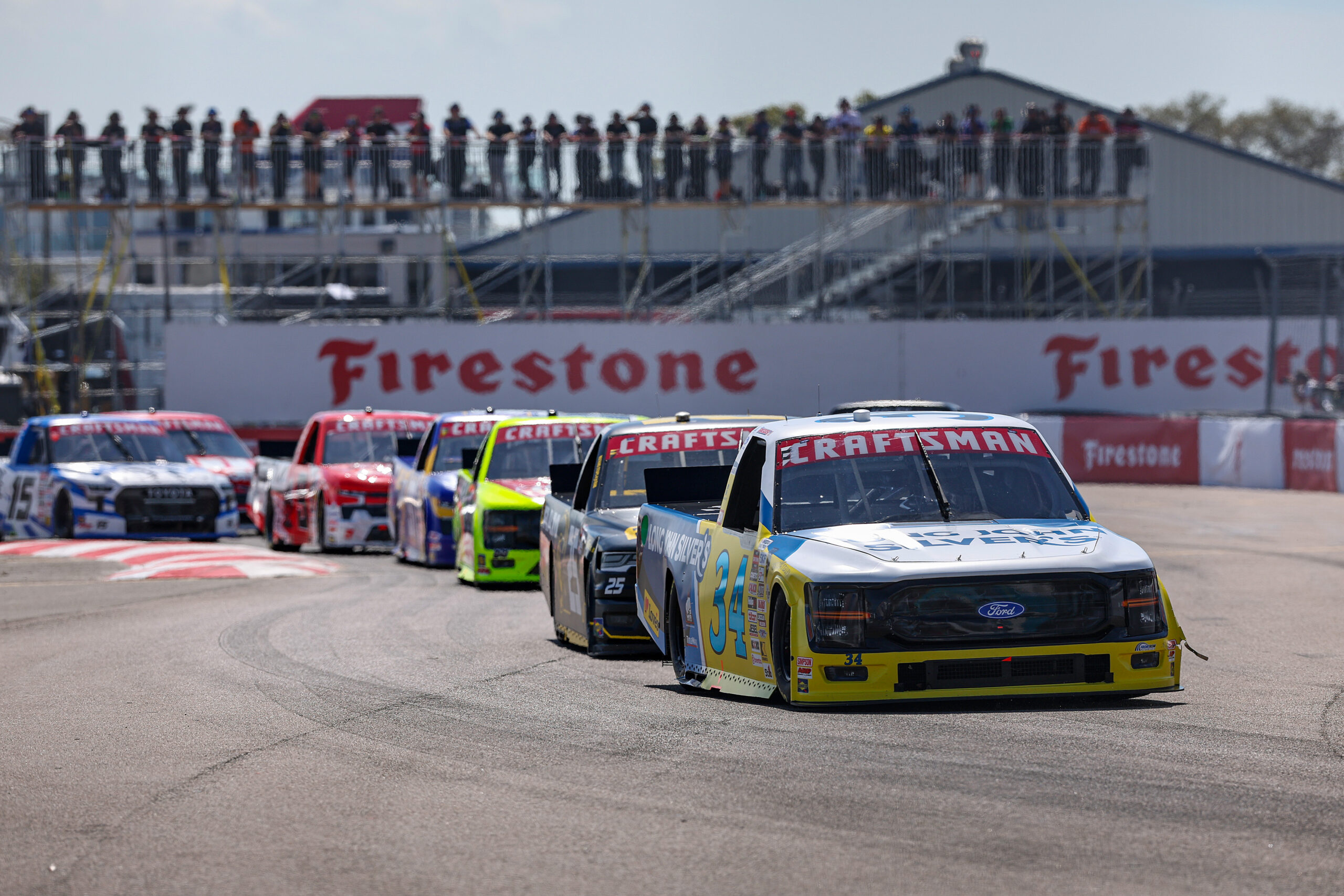 ST PETERSBURG, FLORIDA - FEBRUARY 28: Layne Riggs, driver of the #34 Long John Silver's Ford, drives during the NASCAR Craftsman Truck Series OnlyBulls Green Flag 150 at Grand Prix of St. Petersburg on February 28, 2026 in St Petersburg, Florida.