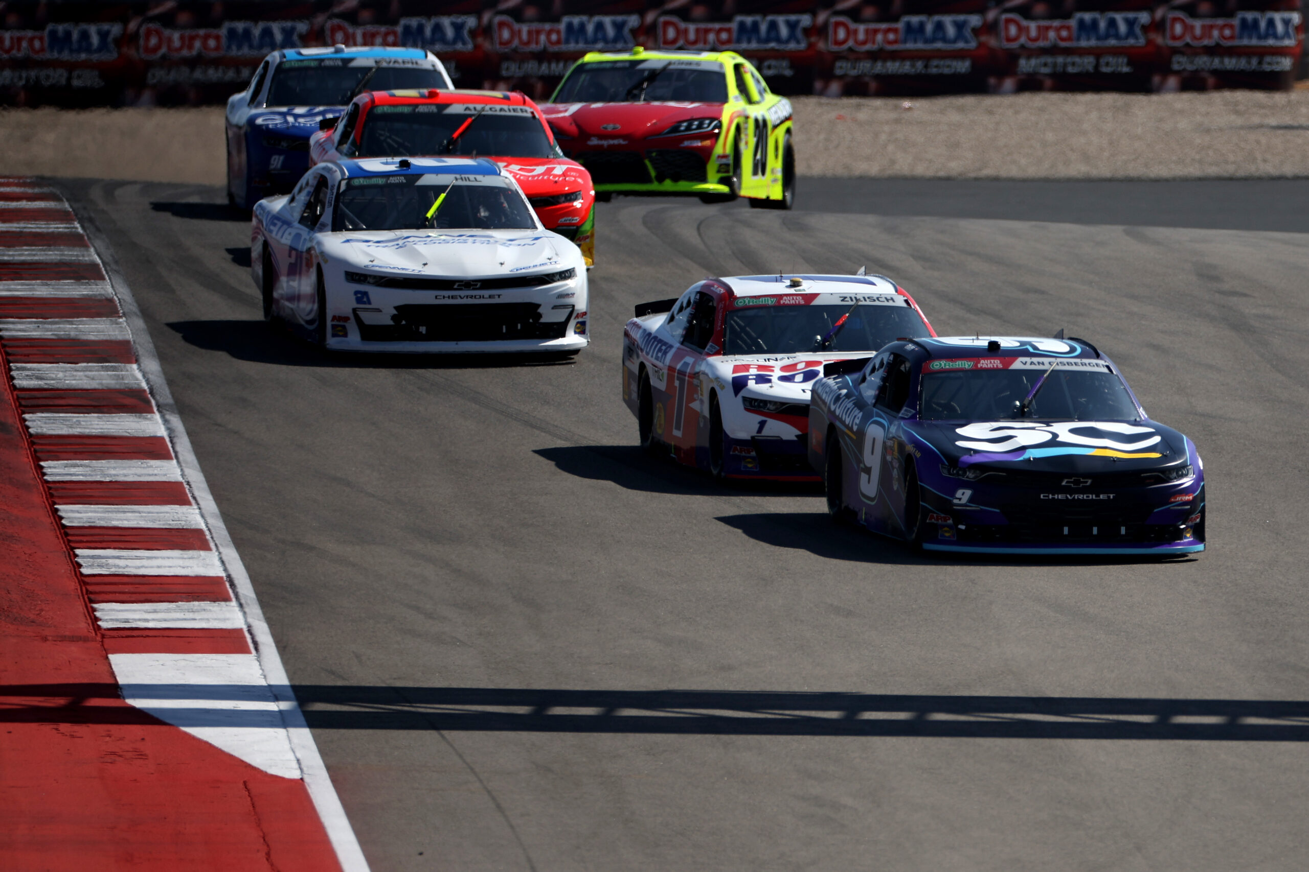 AUSTIN, TEXAS - FEBRUARY 28: Shane Van Gisbergen, driver of the #9 Safety Culture Chevrolet, Connor Zilisch, driver of the #1 Roto-Rooter Chevrolet, and Austin Hill, driver of the #21 Bennett Transportation Chevrolet, race during the NASCAR O'Reilly Auto Parts Series Focused Health 250 at Circuit of The Americas on February 28, 2026 in Austin, Texas.