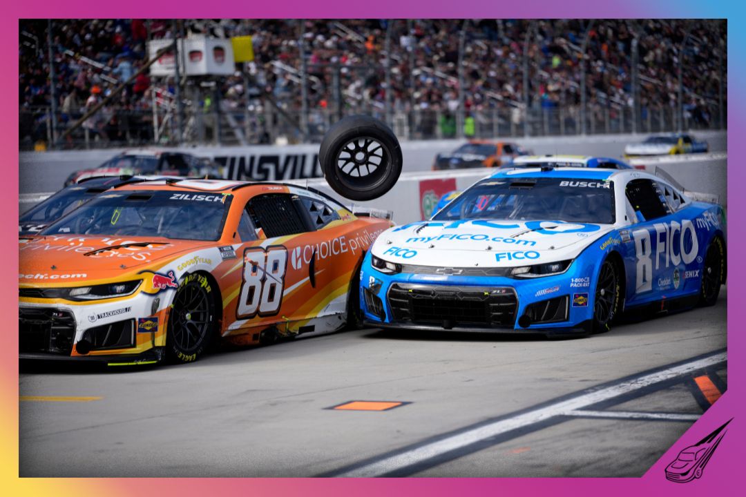 MARTINSVILLE, VIRGINIA - MARCH 29: Connor Zilisch, driver of the #88 Choice Privileges Chevrolet, and Kyle Busch, driver of the #8 FICO Chevrolet, avoid a loose tire as they exit pit road during the NASCAR Cup Series Cook Out 400 at Martinsville Speedway on March 29, 2026 in Martinsville, Virginia. (Photo by Jacob Kupferman/Getty Images)