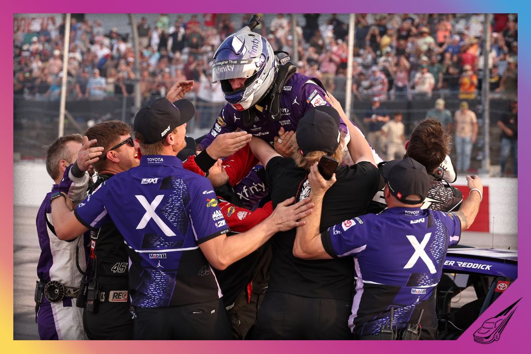 DARLINGTON, SOUTH CAROLINA - MARCH 22: Tyler Reddick, driver of the #45 Xfinity Toyota, celebrates with his crew after winning the NASCAR Cup Series Goodyear 400 at Darlington Raceway on March 22, 2026 in Darlington, South Carolina. (Photo by David Jensen/Getty Images)