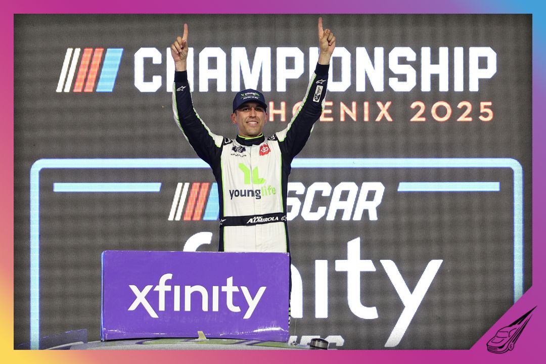 AVONDALE, ARIZONA - NOVEMBER 01: Aric Almirola, driver of the #19 Young Life Toyota, celebrates winning the NASCAR Xfinity Series Owner’s Championship after the NASCAR Xfinity Series Championship at Phoenix Raceway on November 01, 2025 in Avondale, Arizona. (Photo by James Gilbert/Getty Images)