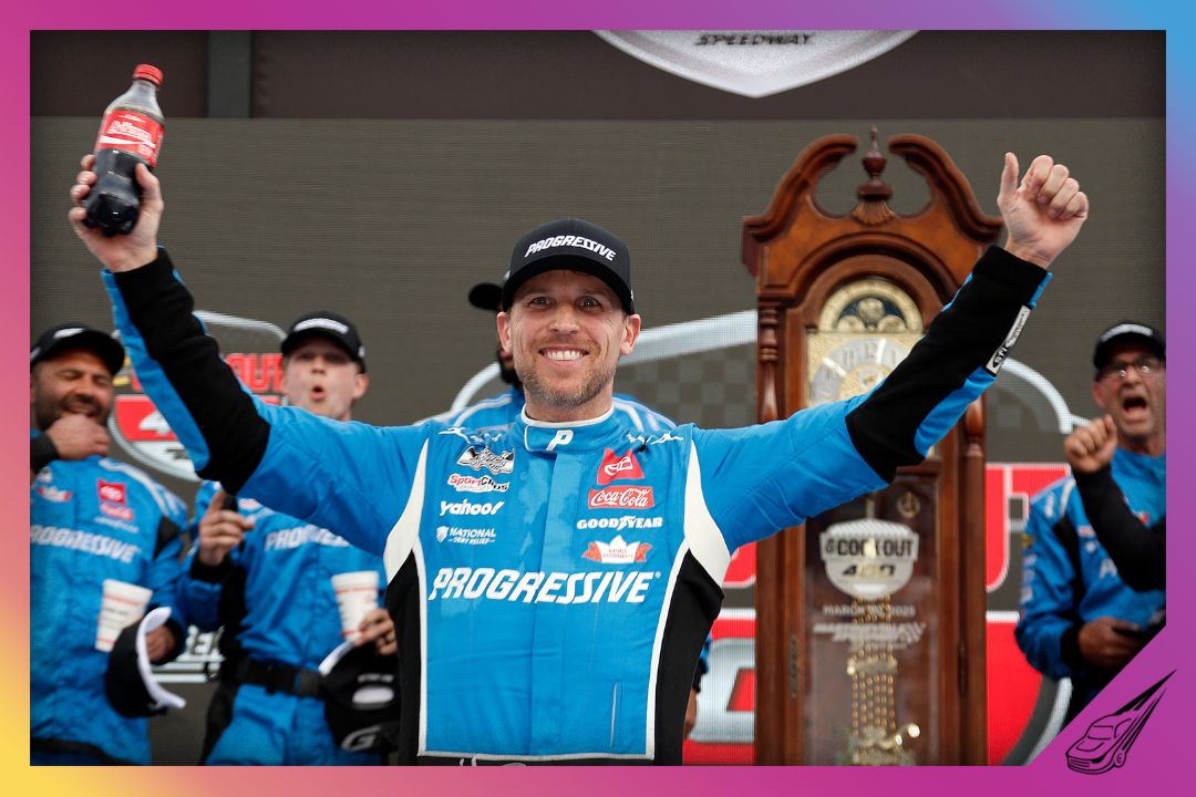 MARTINSVILLE, VIRGINIA - MARCH 30: Denny Hamlin, driver of the #11 Progressive Toyota, celebrates in victory lane after winning the NASCAR Cup Series Cook Out 400 at Martinsville Speedway on March 30, 2025 in Martinsville, Virginia. (Photo by Logan Riely/Getty Images)