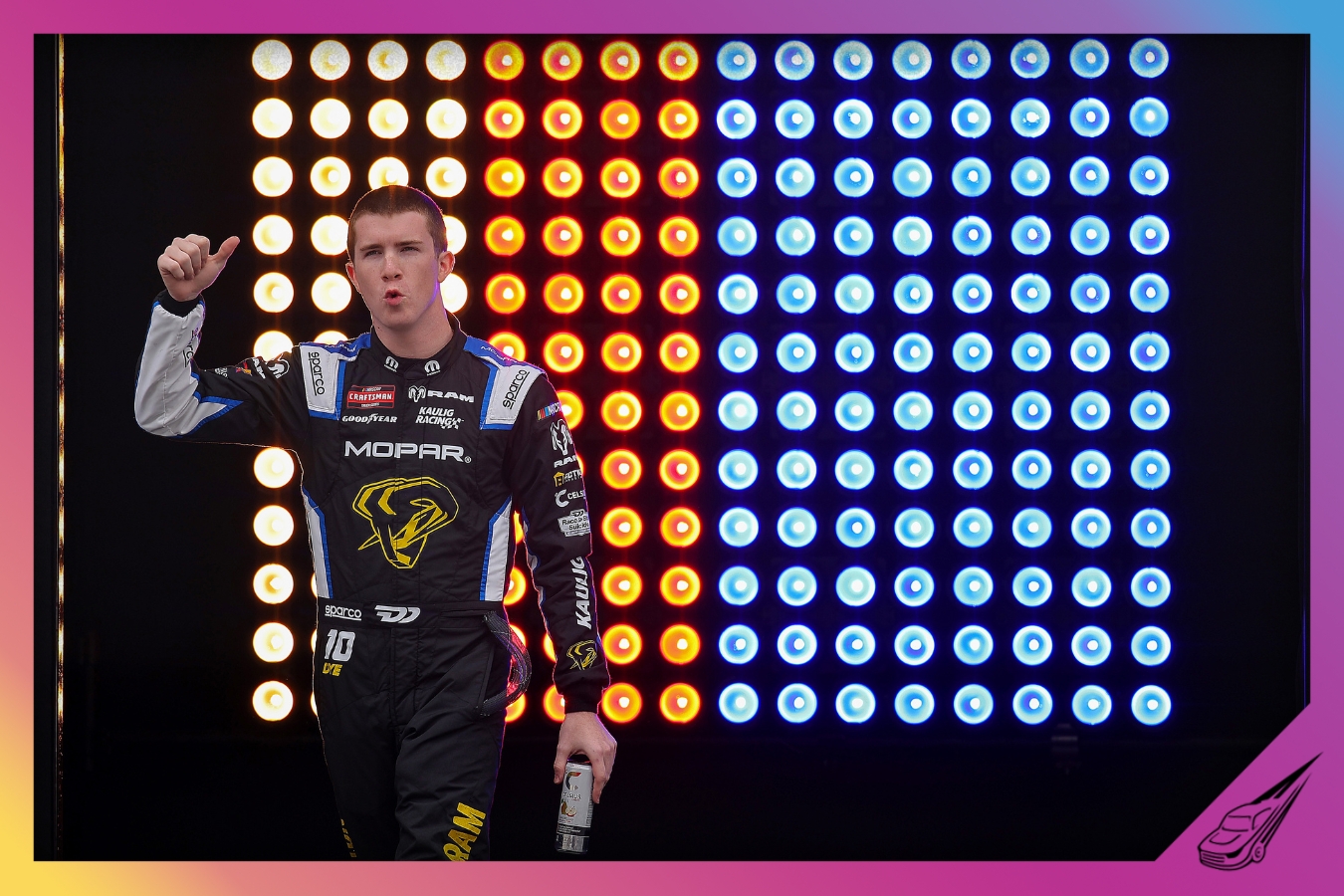 HAMPTON, GEORGIA - FEBRUARY 21: Daniel Dye, driver of the #10 Mopar RAM, gives a thumbs up to fans as he walks onstage during driver intros prior to the NASCAR Craftsman Truck Series Fr8 Racing 208 at Echo Park Speedway on February 21, 2026 in Hampton, Georgia. (Photo by Jonathan Bachman/Getty Images)