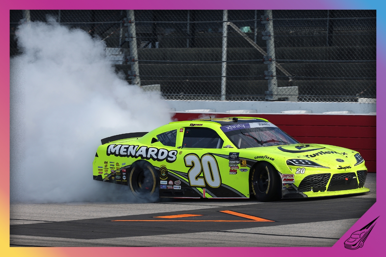 DARLINGTON, SOUTH CAROLINA - APRIL 05: Brandon Jones, driver of the #20 Menards/Turtle Wax Toyota, celebrates with a burnout after winning the NASCAR Xfinity Series Sport Clips Haircuts VFW Help A Hero 200 at Darlington Raceway on April 05, 2025 in Darlington, South Carolina. (Photo by James Gilbert/Getty Images)