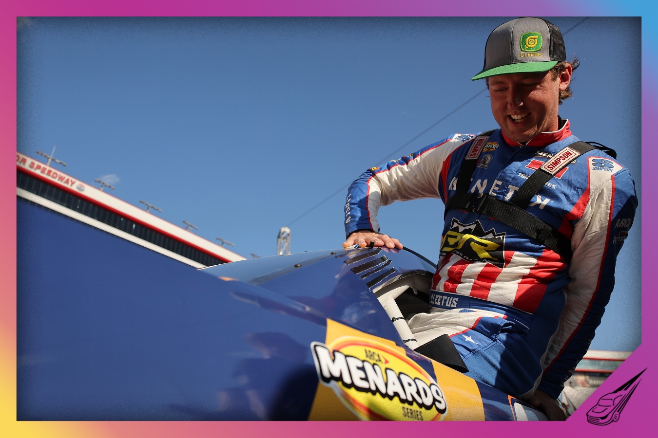 BRISTOL, TENNESSEE - SEPTEMBER 11: Garrett Mitchell, also known as Cleetus McFarland, driver of the #30 Kenetik Ford enters his car for the ARCA Menards Series Bush's Beans 200 at Bristol Motor Speedway on September 11, 2025 in Bristol, Tennessee. (Photo by Jonathan Bachman/Getty Images)