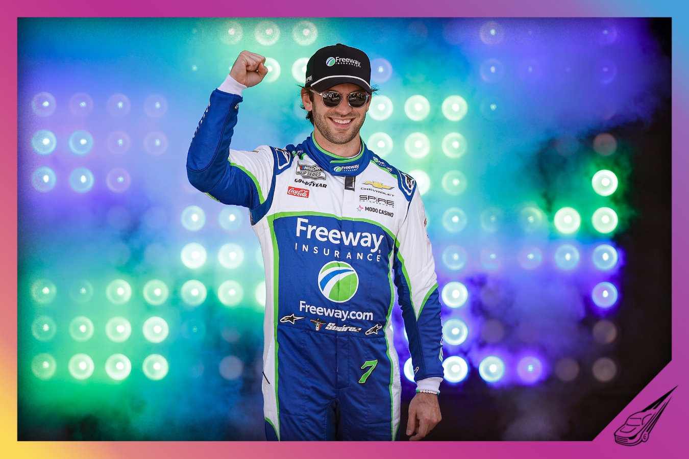 LAS VEGAS, NEVADA - MARCH 15: Daniel Suarez, driver of the #7 Freeway Insurance Chevrolet, waves to fans as he walks onstage during driver intros prior to the NASCAR Cup Series Pennzoil 400 presented by Jiffy Lube at Las Vegas Motor Speedway on March 15, 2026 in Las Vegas, Nevada. (Photo by Sean Gardner/Getty Images)