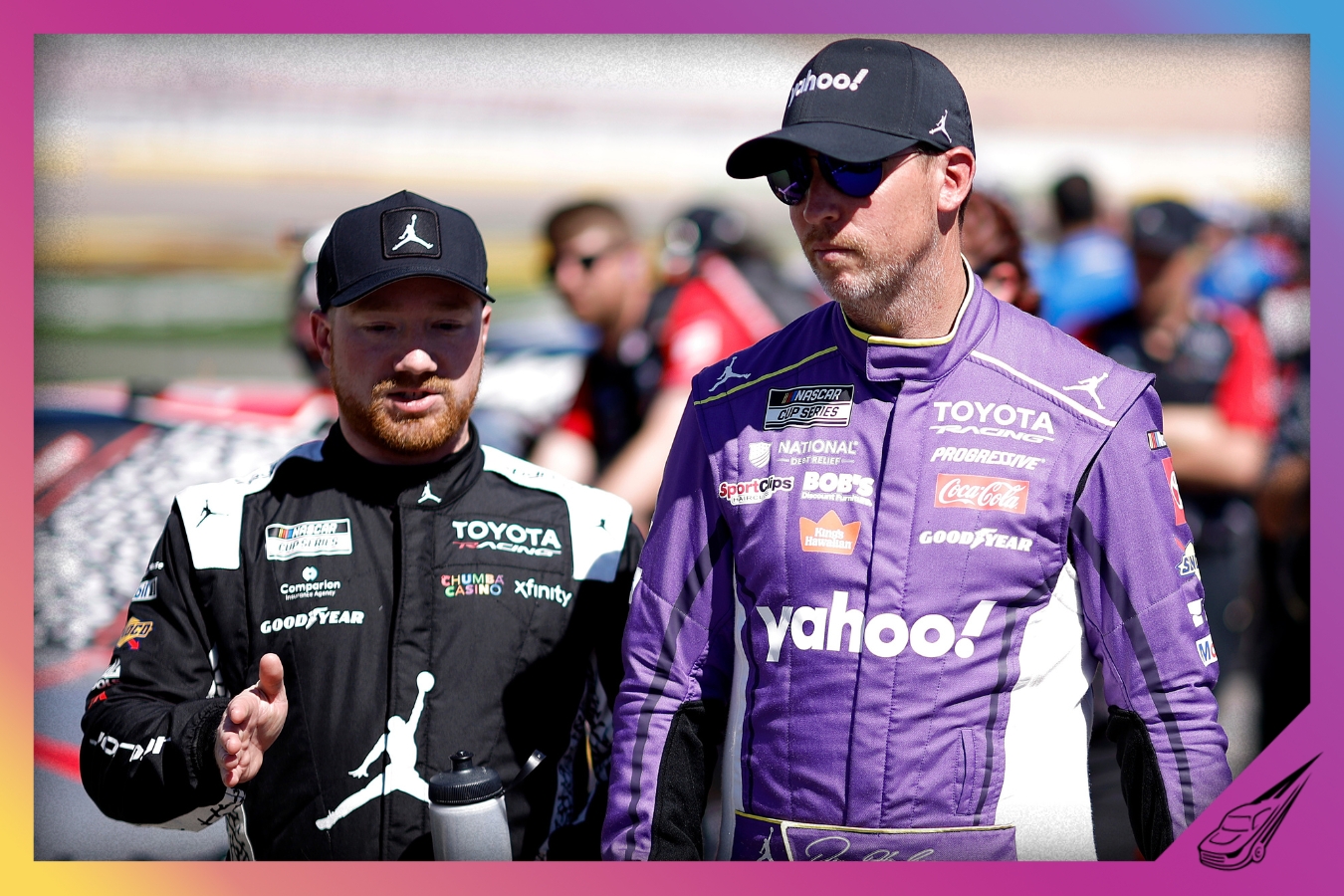 LAS VEGAS, NEVADA - MARCH 14: Denny Hamlin, driver of the #11 Yahoo! Toyota, (R) and Tyler Reddick, driver of the #45 Jordan Brand Toyota, talk on the grid during qualifying for the NASCAR Cup Series Pennzoil 400 presented by Jiffy Lube at Las Vegas Motor Speedway on March 14, 2026 in Las Vegas, Nevada. (Photo by Sean Gardner/Getty Images)