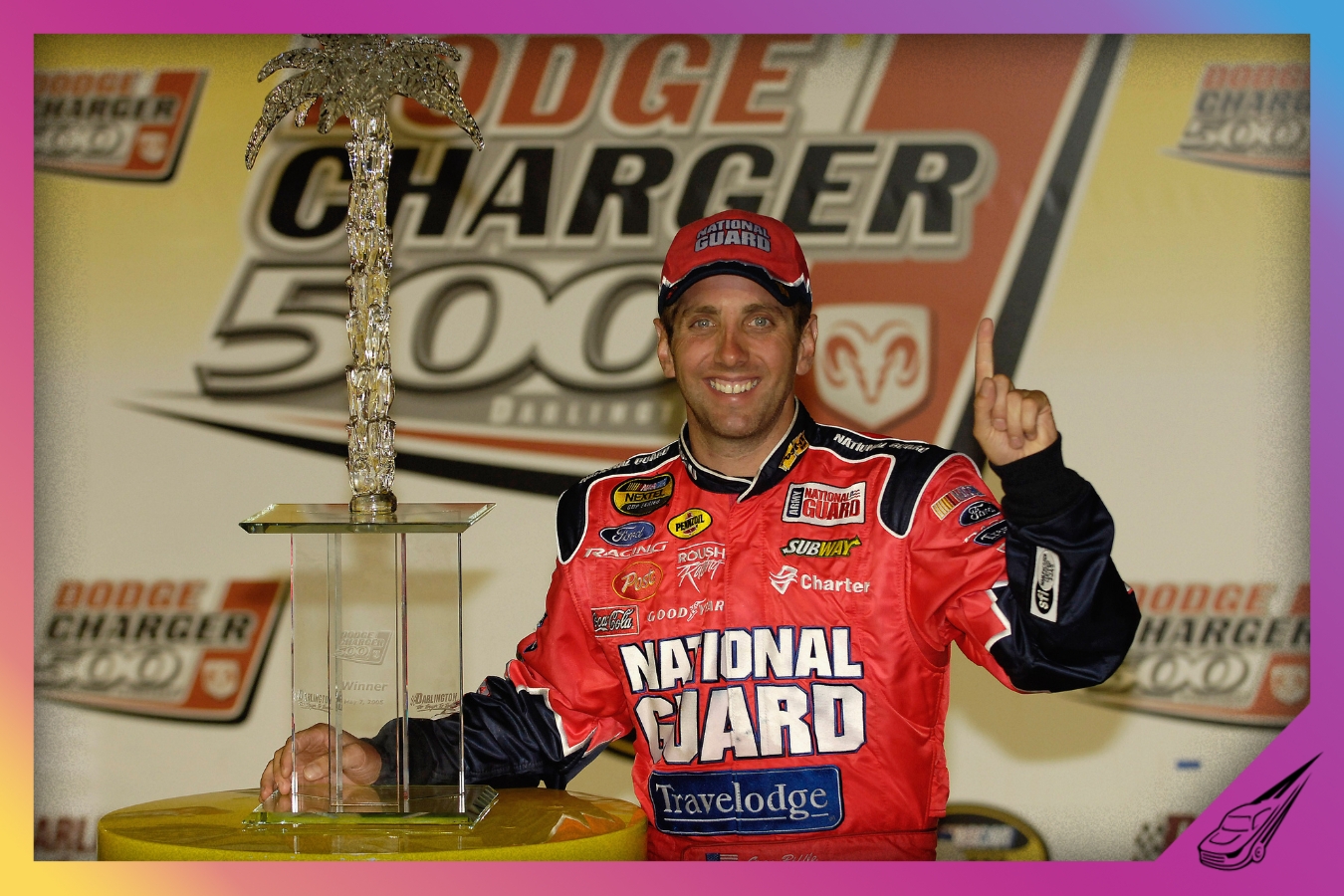 DARLINGTON, SC - MAY 7: Greg Biffle, driver of the #16 National Guard Ford, celebrates winning the NASCAR Nextel Cup Series Dodge Charger 500 on May 7, 2005 at the Darlington Raceway in Darlington, South Carolina. (Photo by Rusty Jarrett/Getty Images)
