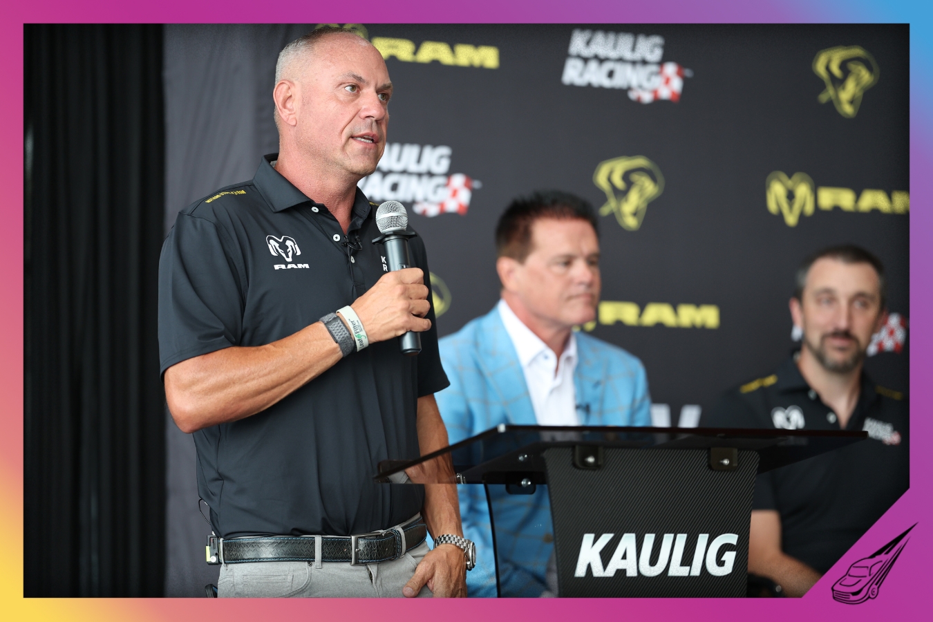 DAYTONA BEACH, FLORIDA - AUGUST 23: Kaulig Racing Team President Chris Rice speaks during a press conference to announce a partnership between Kaulig Racing and Ram for the 2026 season at the Daytona Dodge Chrysler Jeep Ram dealership prior to the NASCAR Cup Series Coke Zero Sugar 400 at Daytona International Speedway on August 23, 2025 in Daytona Beach, Florida. (Photo by James Gilbert/Getty Images)