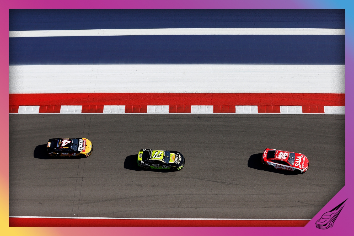 AUSTIN, TEXAS - MARCH 01: Ty Gibbs, driver of the #54 SAIA Freight & Logistics Toyota, Michael McDowell, driver of the #71 Katz Coffee Chevrolet, and Noah Gragson, driver of the #4 Rush Truck Centers Ford, race during the NASCAR Cup Series DuraMax Grand Prix Powered by RelaDyne at Circuit of The Americas on March 01, 2026 in Austin, Texas. (Photo by Logan Riely/Getty Images)
