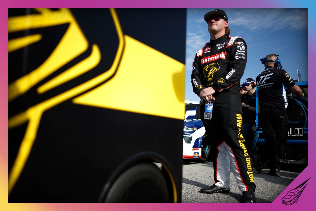 HAMPTON, GEORGIA - FEBRUARY 20: Brenden Queen, driver of the #12 Cummins RAM, looks on during qualifying for the NASCAR Craftsman Truck Series Fr8 Racing 208 at Echo Park Speedway on February 20, 2026 in Hampton, Georgia. (Photo by Sean Gardner/Getty Images)