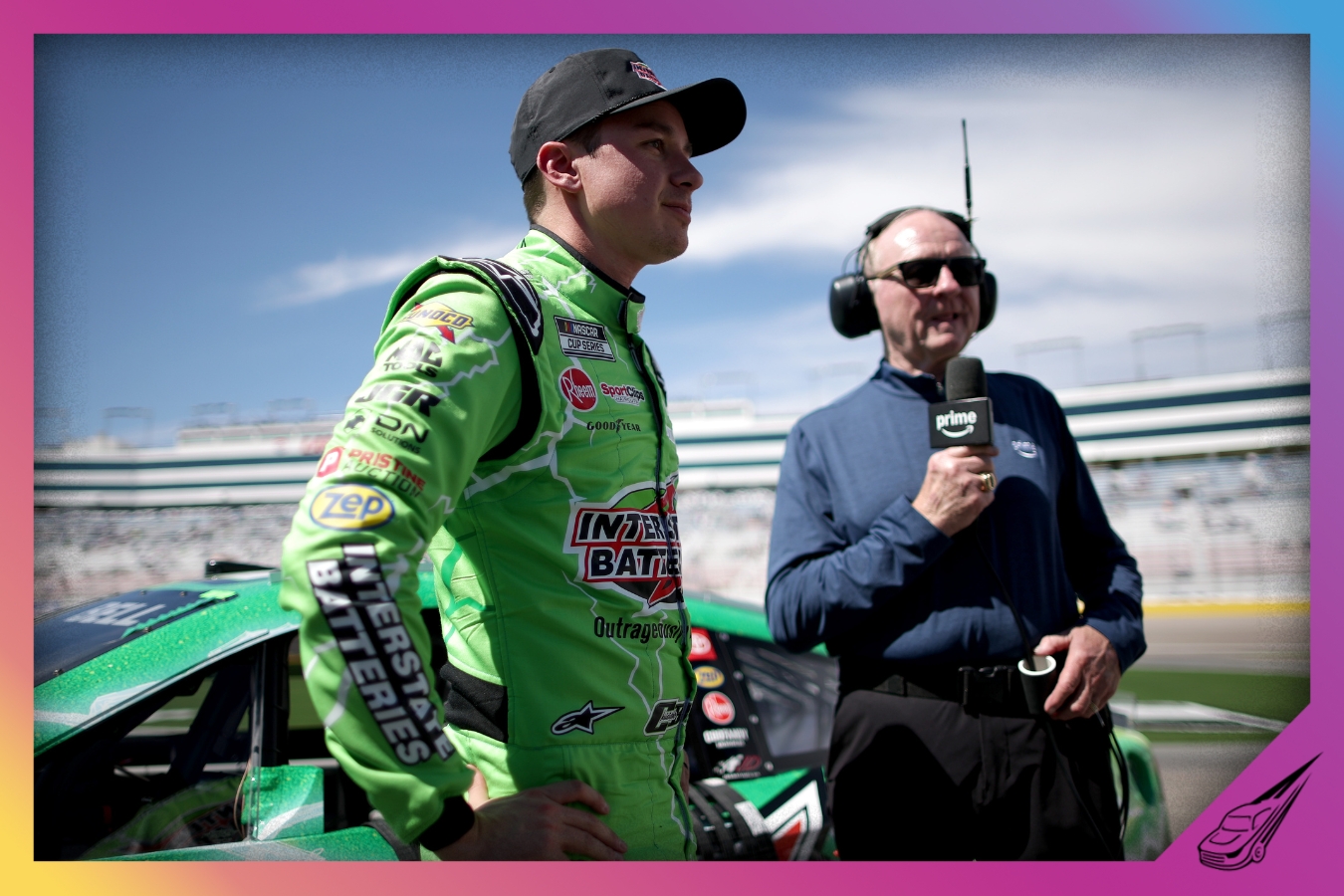 LAS VEGAS, NEVADA - MARCH 14: Christopher Bell, driver of the #20 Interstate Batteries Toyota, (L) speaks to NASCAR on Prime Video analyst, Larry McReynolds on the grid after winning the pole award during qualifying for the NASCAR Cup Series Pennzoil 400 presented by Jiffy Lube at Las Vegas Motor Speedway on March 14, 2026 in Las Vegas, Nevada. (Photo by Chris Graythen/Getty Images)