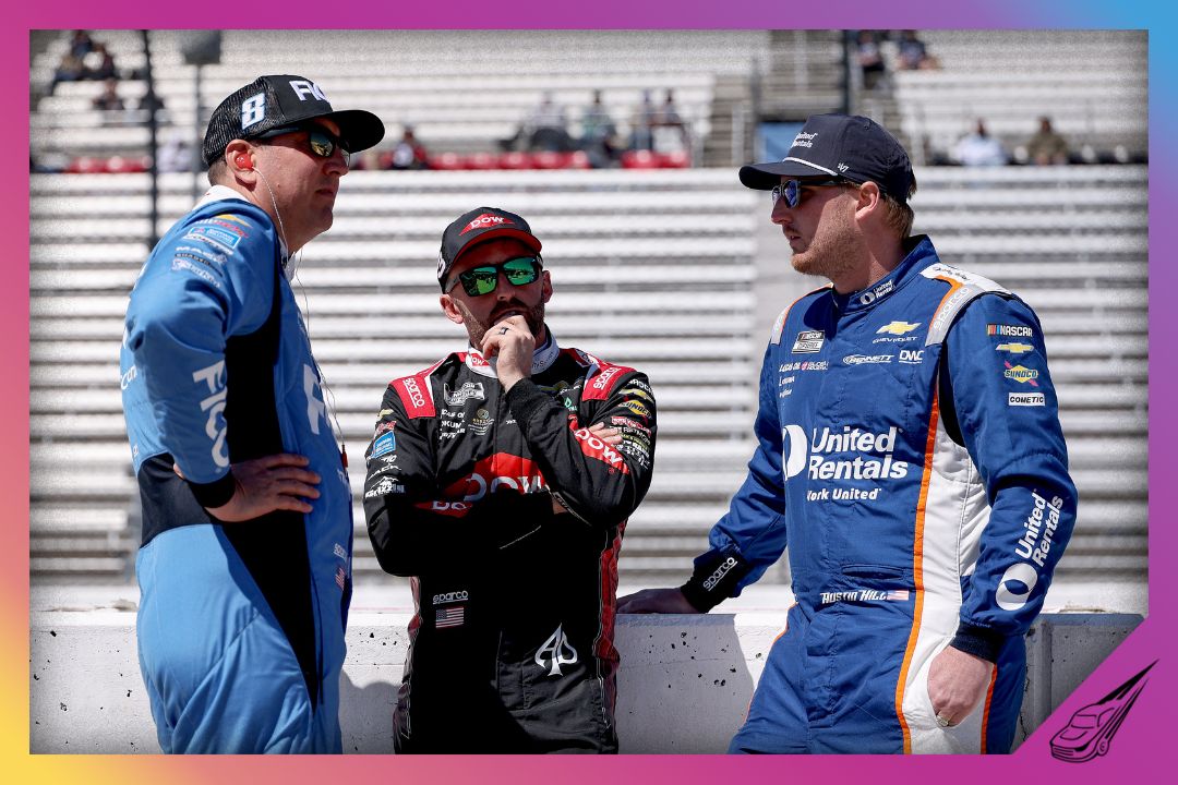 MARTINSVILLE, VIRGINIA - MARCH 28: (L-R) Kyle Busch, driver of the #8 FICO Chevrolet, Austin Dillon, driver of the #3 Dow Coatings Chevrolet, and Austin Hill, driver of the #33 United Rentals Chevrolet, talk on the grid during practice for the NASCAR Cup Series Cook Out 400 at Martinsville Speedway on March 28, 2026 in Martinsville, Virginia. (Photo by David Jensen/Getty Images)