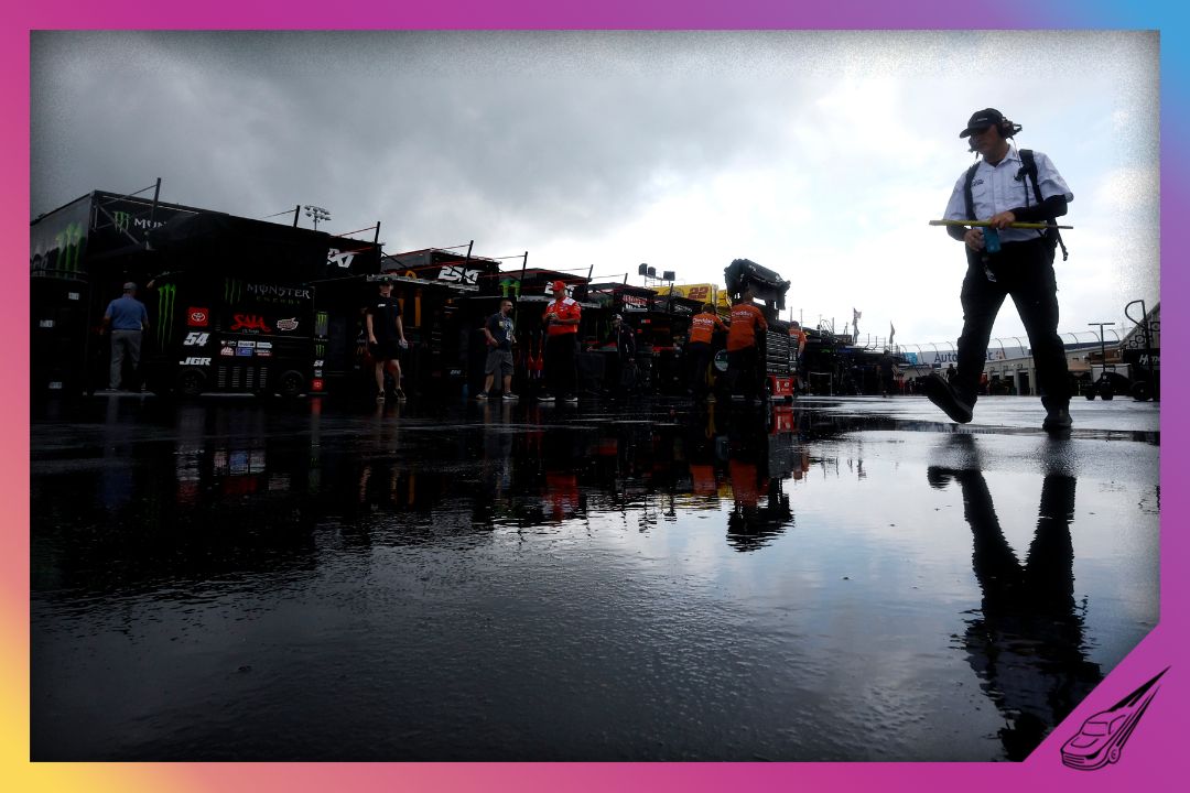 DOVER, DELAWARE - JULY 19: A general view of the garage area during a weather delay of practice for the NASCAR Cup Series AutoTrader EchoPark Automotive 400 at Dover Motor Speedway on July 19, 2025 in Dover, Delaware. (Photo by Sean Gardner/Getty Images)