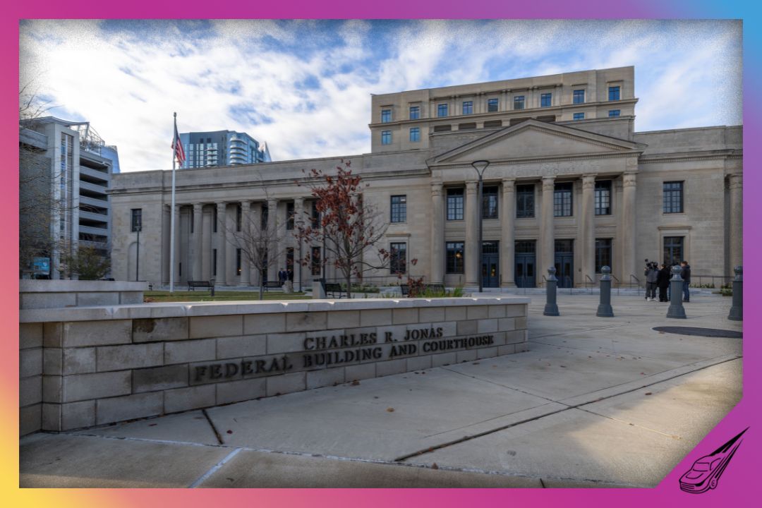 CHARLOTTE, NORTH CAROLINA - DECEMBER 1: The exterior of the Charles R. Jonas Federal Building on December 1, 2025 in Charlotte, North Carolina. Jury selection and opening statements are set to begin in an antitrust lawsuit filed by Jordan's 23XI Racing team against NASCAR. (Photo by Grant Baldwin/Getty Images)