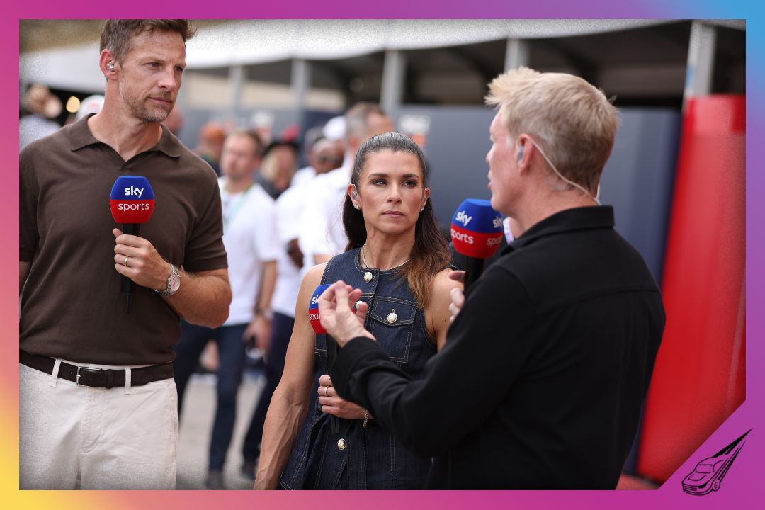 AUSTIN, TEXAS - OCTOBER 18: Jenson Button, Danica Patrick and Simon Lazenby, Sky Sports F1 prior to Qualifying ahead of the F1 Grand Prix of United States at Circuit of The Americas on October 18, 2025 in Austin, Texas. (Photo by Meg Oliphant/Getty Images)