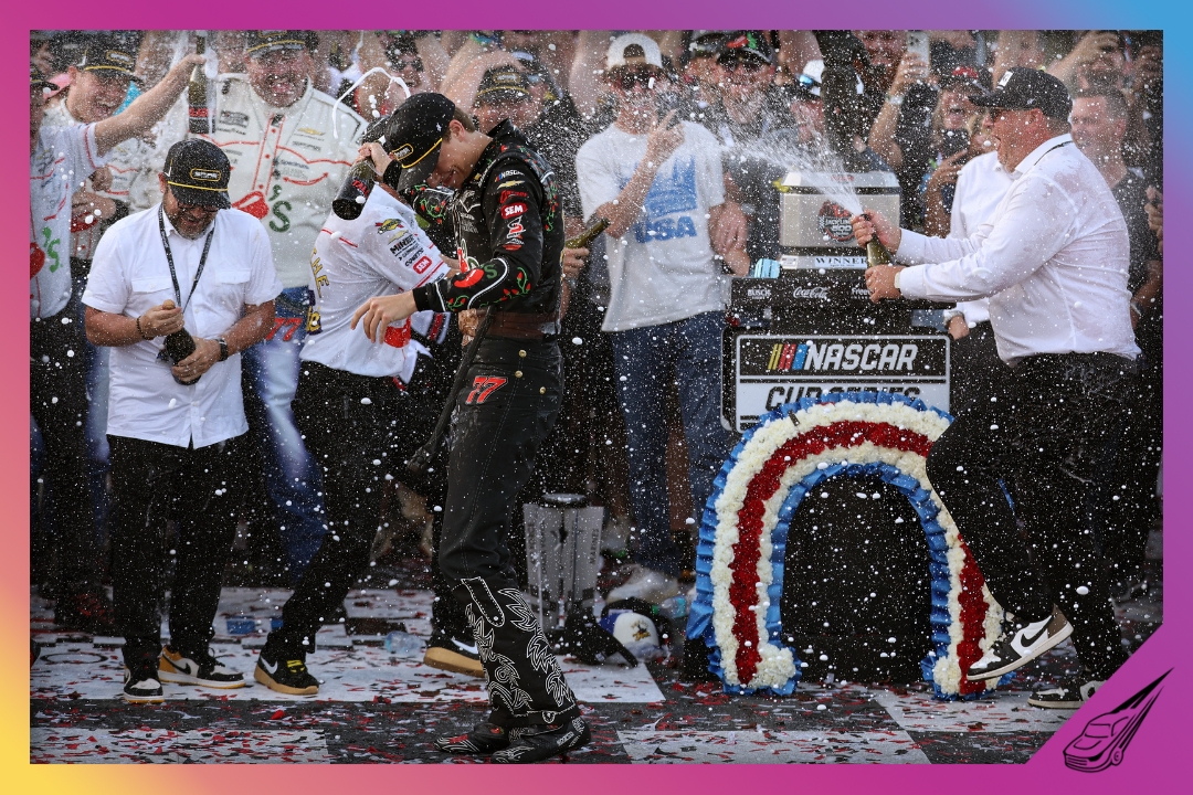 TALLADEGA, ALABAMA - APRIL 26: Carson Hocevar, driver of the #77 Chili's Ride the 'Dente Chevrolet, and crew spray champagne in victory lane after winning the NASCAR Cup Series Jack Link's 500 at Talladega Superspeedway on April 26, 2026 in Talladega, Alabama. (Photo by David Jensen/Getty Images)
