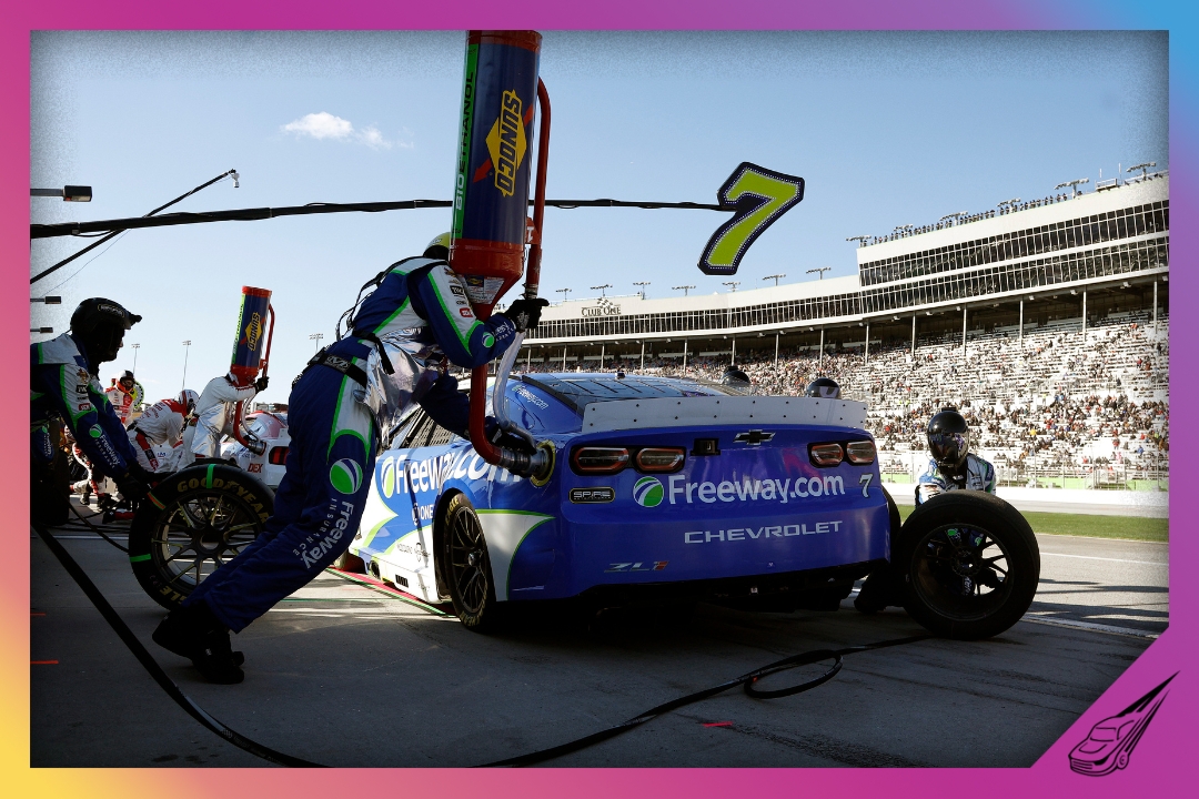HAMPTON, GEORGIA - FEBRUARY 22: Daniel Suarez, driver of the #7 Freeway Insurance Chevrolet, pits during the NASCAR Cup Series Autotrader 400 at Echo Park Speedway on February 22, 2026 in Hampton, Georgia. (Photo by Sean Gardner/Getty Images)