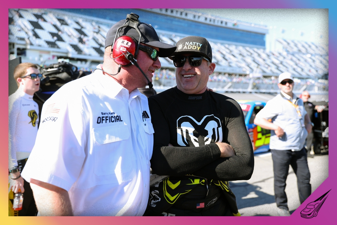 DAYTONA BEACH, FLORIDA - FEBRUARY 13: Tony Stewart, driver of the #25 Ram RAM, speaks to a NASCAR Official on the grid during qualifying for the NASCAR Craftsman Truck Series Fresh from Florida 250 at Daytona International Speedway on February 13, 2026 in Daytona Beach, Florida. (Photo by Kevin C. Cox/Getty Images)