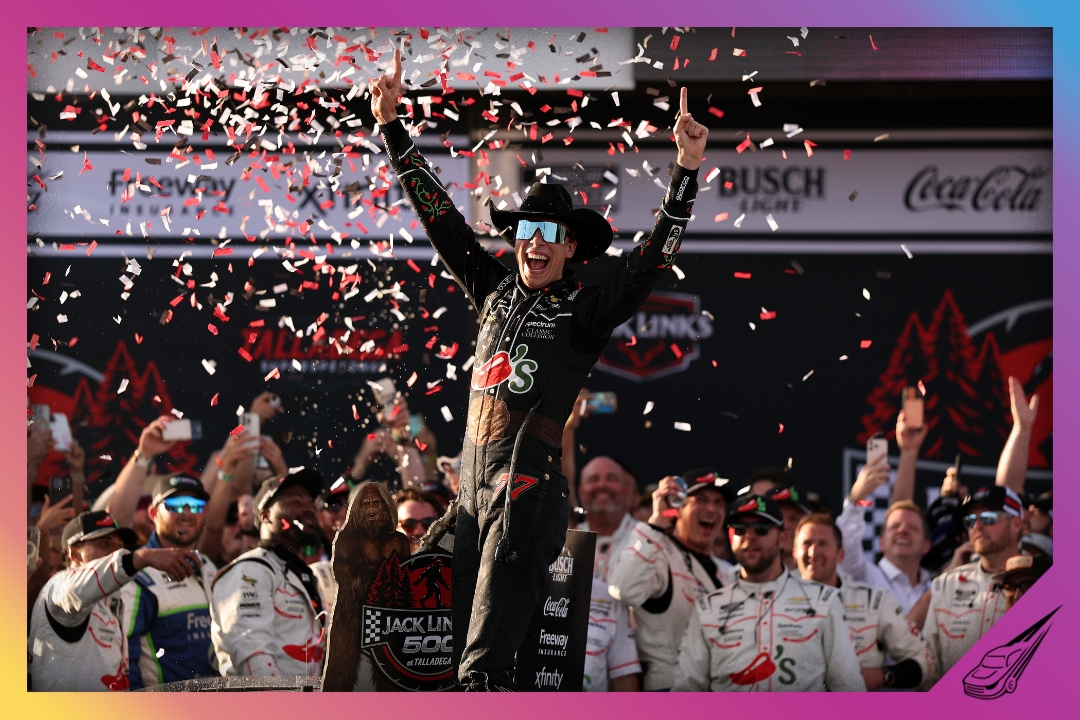 TALLADEGA, ALABAMA - APRIL 26: Carson Hocevar, driver of the #77 Chili's Ride the 'Dente Chevrolet, celebrates in victory lane after winning the NASCAR Cup Series Jack Link's 500 at Talladega Superspeedway on April 26, 2026 in Talladega, Alabama. (Photo by David Jensen/Getty Images)