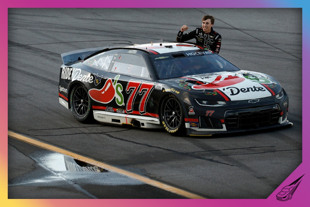 TALLADEGA, ALABAMA - APRIL 26: Carson Hocevar, driver of the #77 Chili's Ride the 'Dente Chevrolet, celebrates after winning the NASCAR Cup Series Jack Link's 500 at Talladega Superspeedway on April 26, 2026 in Talladega, Alabama. (Photo by Sean Gardner/Getty Images)