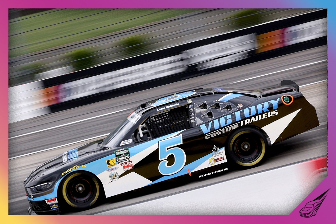 MARTINSVILLE, VIRGINIA - MARCH 27: Luke Baldwin, driver of the #5 Victory Custom Trailers Ford, drives during practice for the NASCAR O'Reilly Auto Parts Series NFPA 250 at Martinsville Speedway on March 27, 2026 in Martinsville, Virginia. (Photo by David Jensen/Getty Images)
