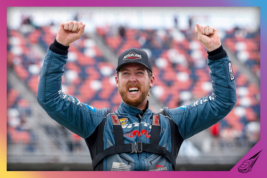 TALLADEGA, ALABAMA - APRIL 25: Garrett Mitchell, also known as Cleetus McFarland, driver of the #30 BaldEagle.com Ford, celebrates after finishing second in the ARCA Menards Alabama Manufactured Housing 200 at Talladega Superspeedway on April 25, 2026 in Talladega, Alabama. (Photo by Sean Gardner/Getty Images)