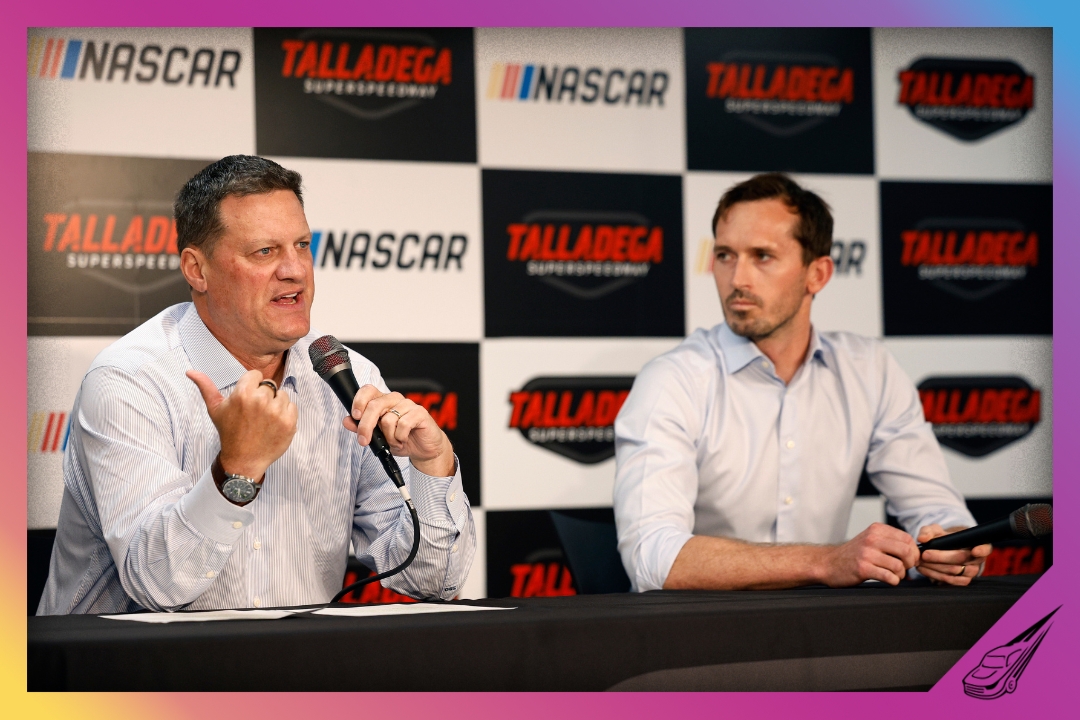 TALLADEGA, ALABAMA - APRIL 25: NASCAR Chief Executive Officer Steve O’Donnell, (L) and NASCAR Chief Operating Officer Ben Kennedy speak to the media after the NASCAR leadership announcements during a press conference at Talladega Superspeedway on April 25, 2026 in Talladega, Alabama. (Photo by Sean Gardner/Getty Images)