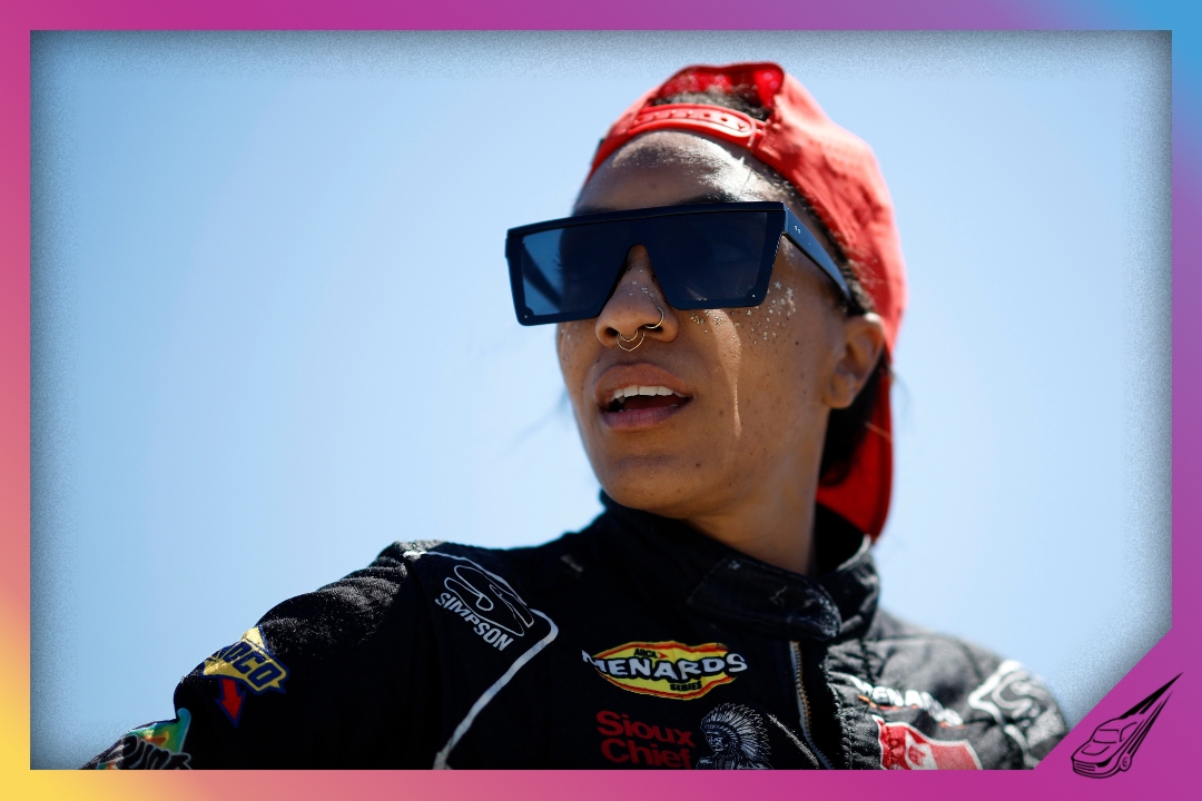 KANSAS CITY, KANSAS - APRIL 18: Dystany Spurlock, driver of the #66 Foxxtecca Ford walks the grid after the ARCA Menards Tide 150 at Kansas Speedway on April 18, 2026 in Kansas City, Kansas. (Photo by Sean Gardner/Getty Images)