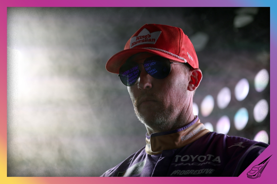 TALLADEGA, ALABAMA - APRIL 26: Denny Hamlin, driver of the #11 King's Hawaiian UBE Coconut Rolls Toyota, waits backstage during pre-race ceremonies prior to the NASCAR Cup Series Jack Link's 500 at Talladega Superspeedway on April 26, 2026 in Talladega, Alabama. (Photo by David Jensen/Getty Images)