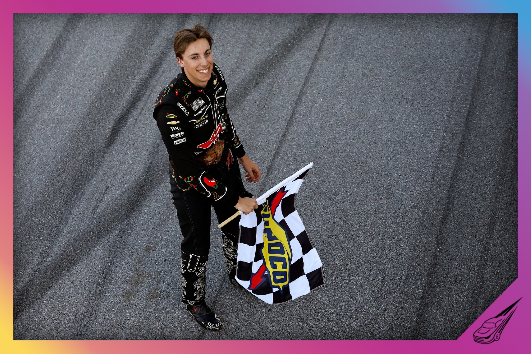 TALLADEGA, ALABAMA - APRIL 26: Carson Hocevar, driver of the #77 Chili's Ride the 'Dente Chevrolet, celebrates with the checkered flag after winning the NASCAR Cup Series Jack Link's 500 at Talladega Superspeedway on April 26, 2026 in Talladega, Alabama. (Photo by Sean Gardner/Getty Images)