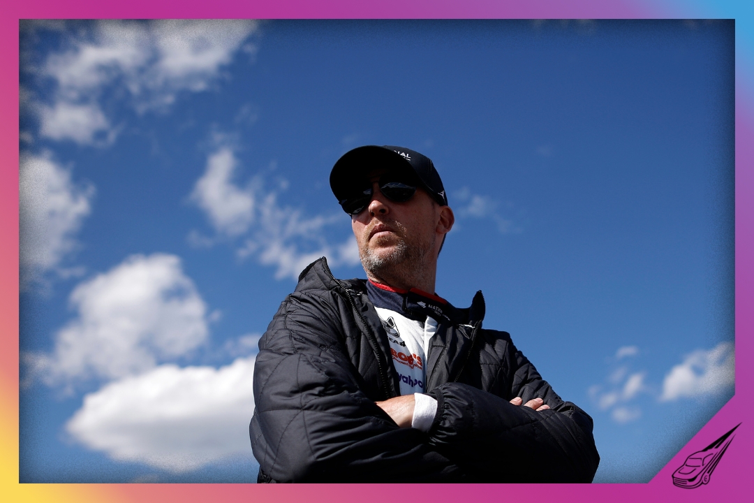 KANSAS CITY, KANSAS - APRIL 18: Denny Hamlin, driver of the #11 National Debt Relief Toyota, looks on during qualifying for the NASCAR Cup Series AdventHealth 400 at Kansas Speedway on April 18, 2026 in Kansas City, Kansas. (Photo by Sean Gardner/Getty Images)
